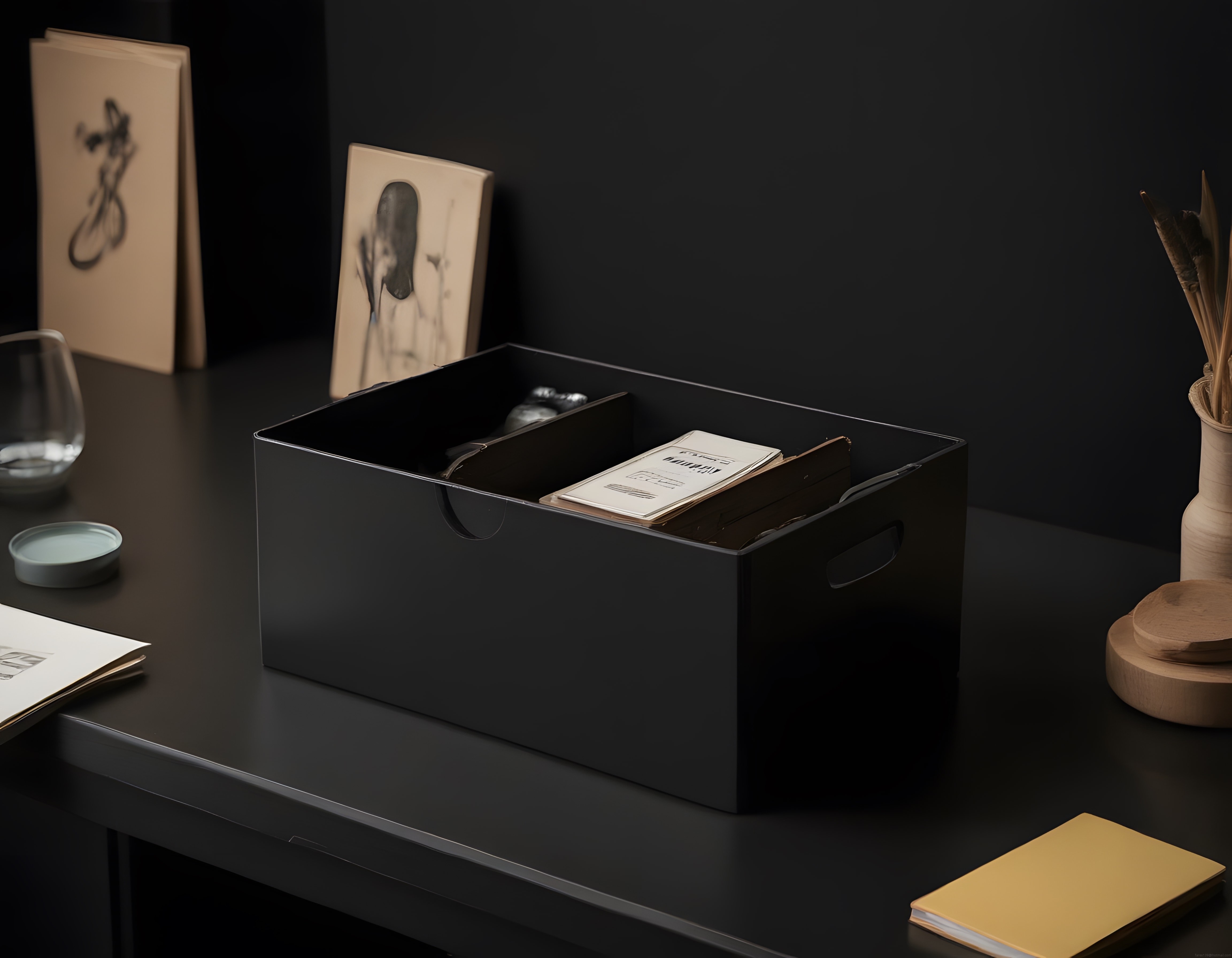 Koyu tonlarda minimalist çalışma masası düzeni ve modern dekorasyon stili