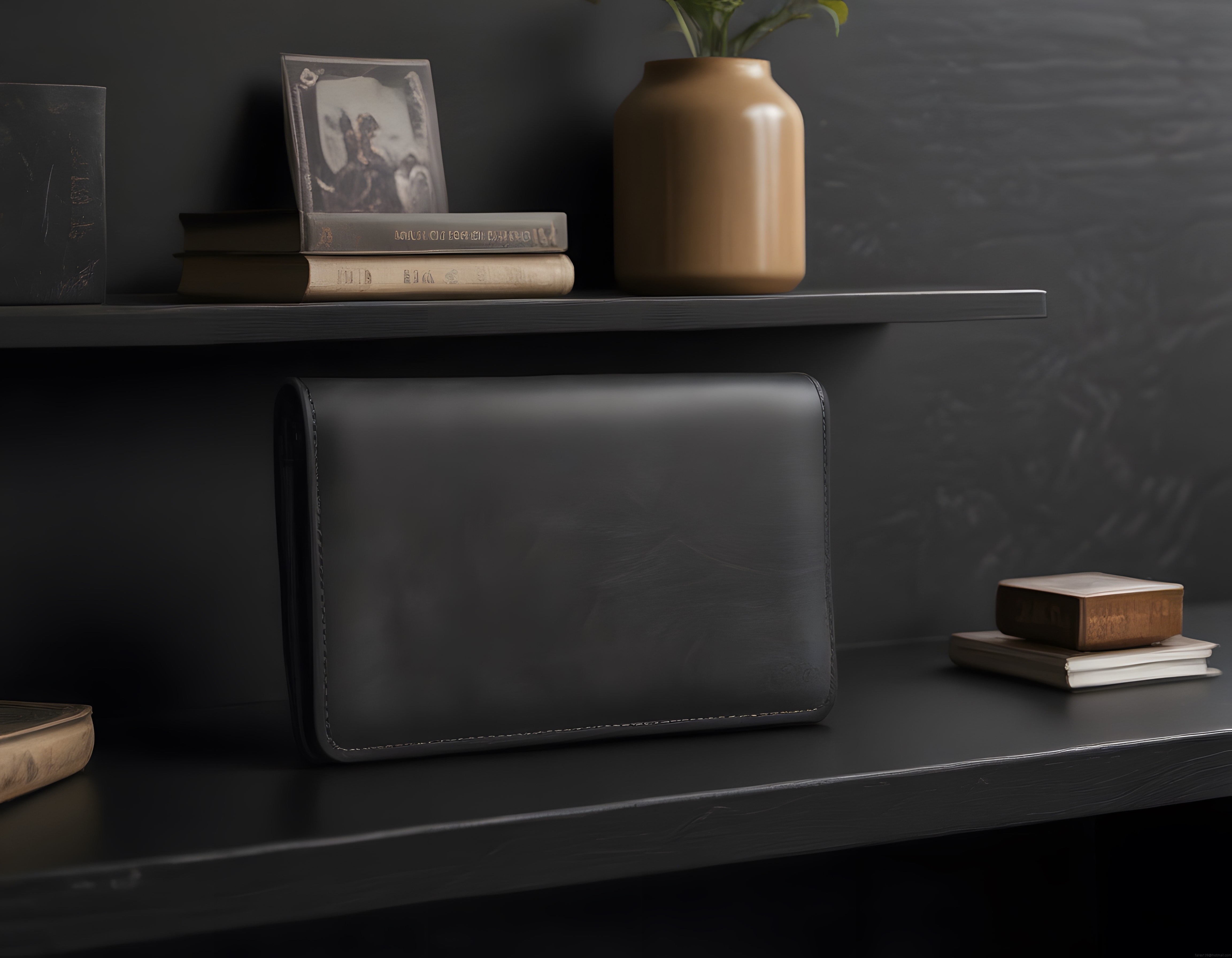 Koyu tonlarda minimalist duvar rafı düzenlemesi ve deri çanta detayı