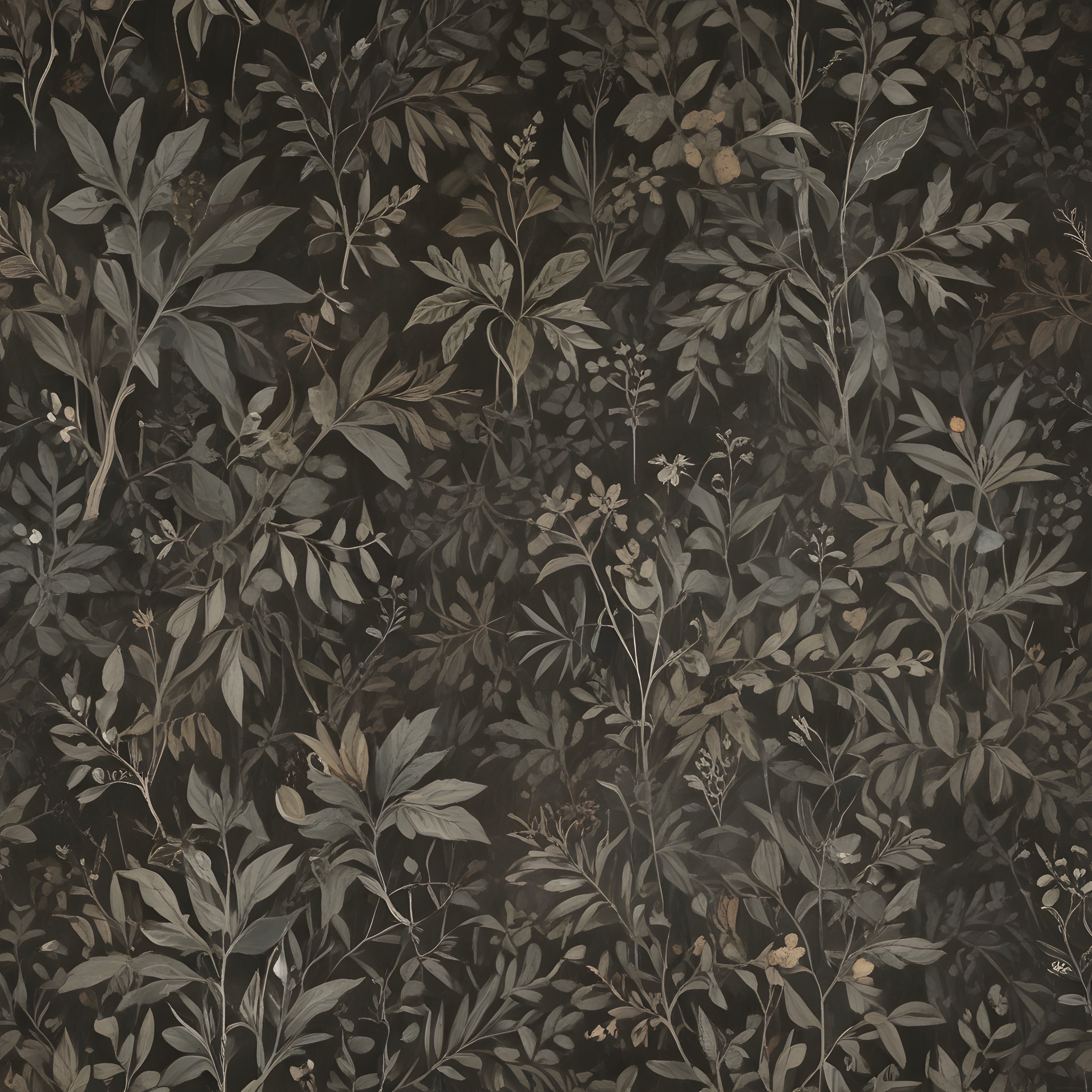 Koyu tonlarda vintage botanik yaprak deseni: monokromatik herbarium illüstrasyonu
