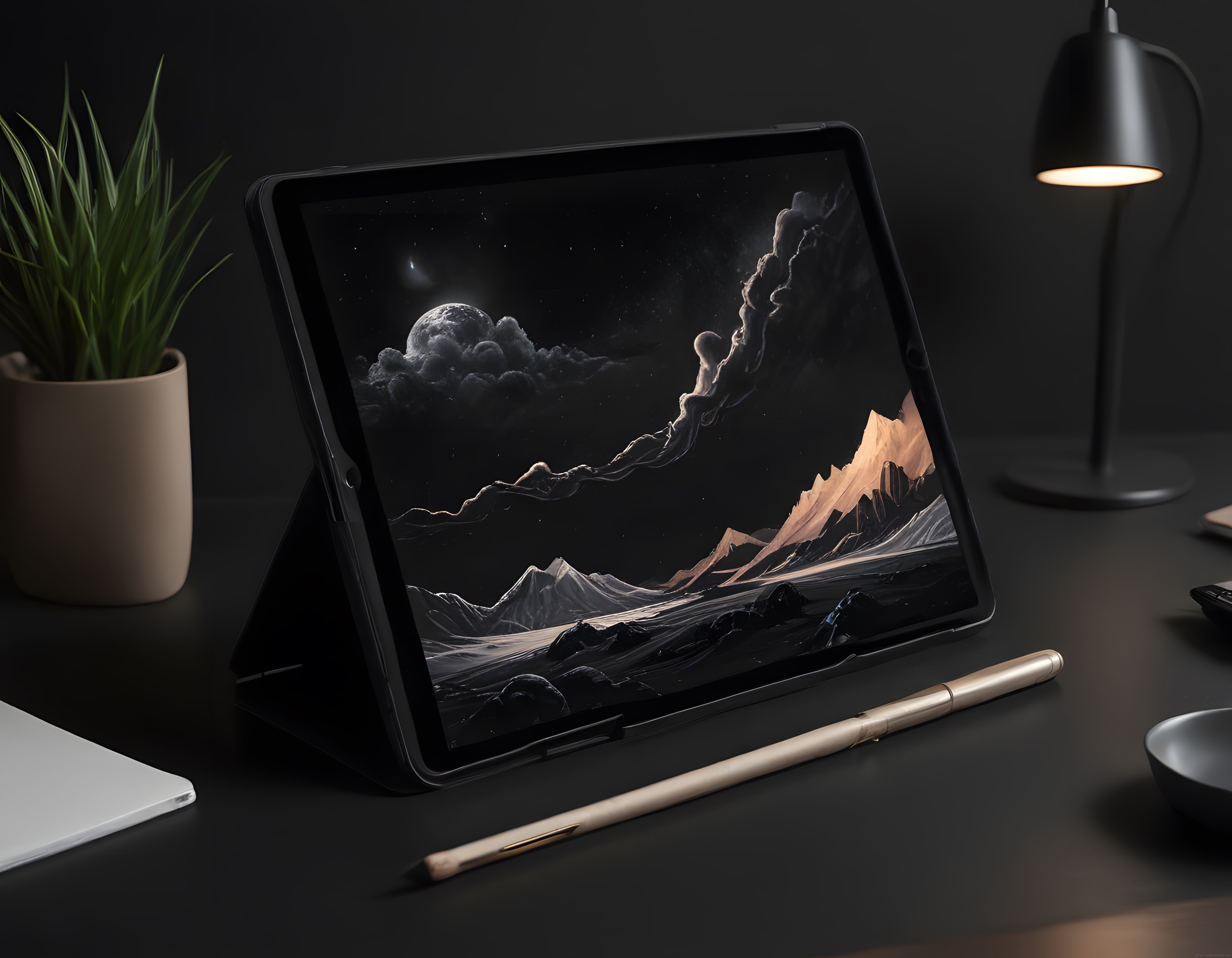 Koyu Tonlu Çalışma Masasında Tablet ile Uzay Temalı Dijital Sanat Sergisi