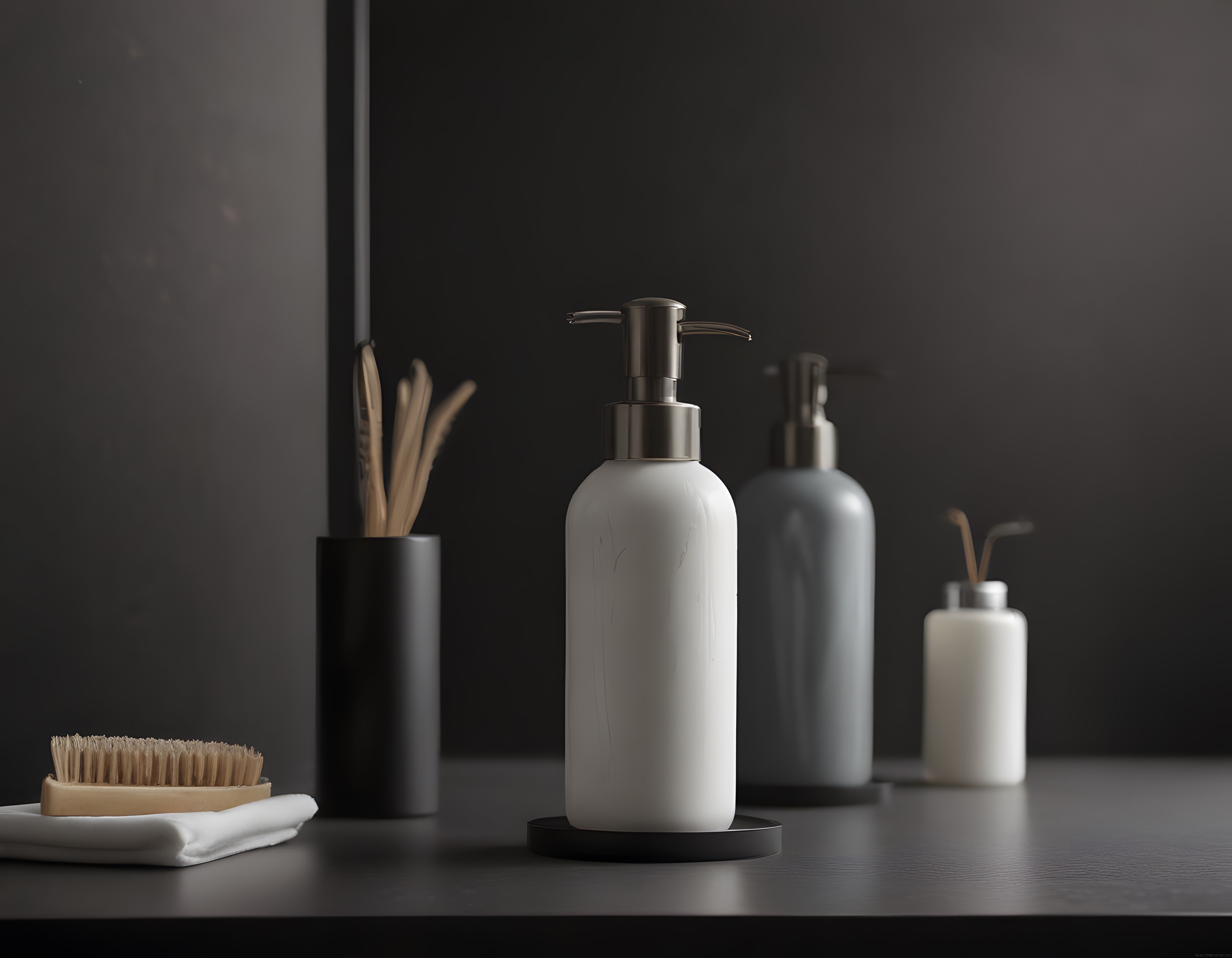 Koyu Tonlu Minimalist Banyo Tezgahı Üstü Aksesuar ve Sabunluk Düzenlemesi