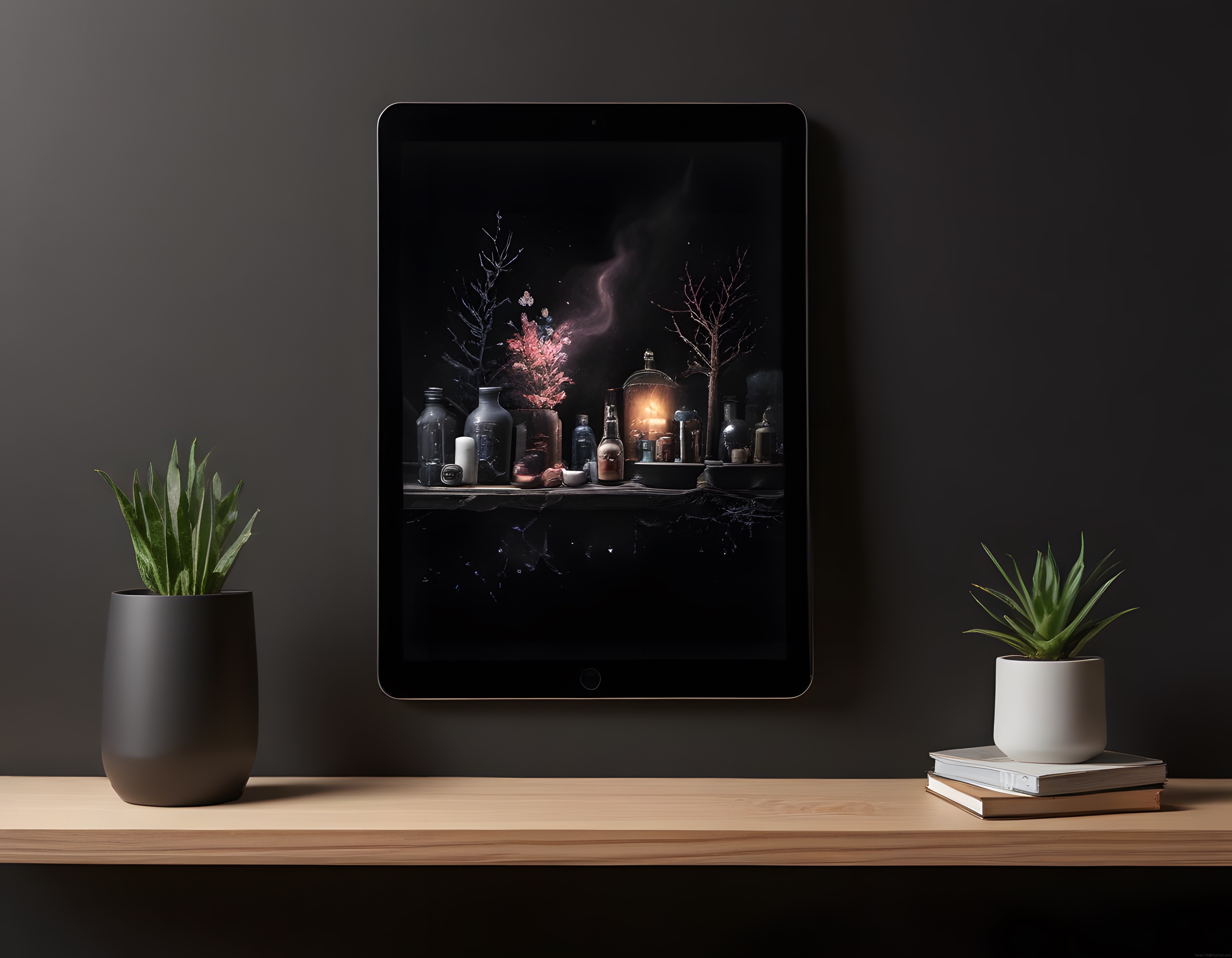 Koyu ve Mistik Atmosferde Duvar Montajlı Tablet ile Minimalist Raf Dekorasyonu