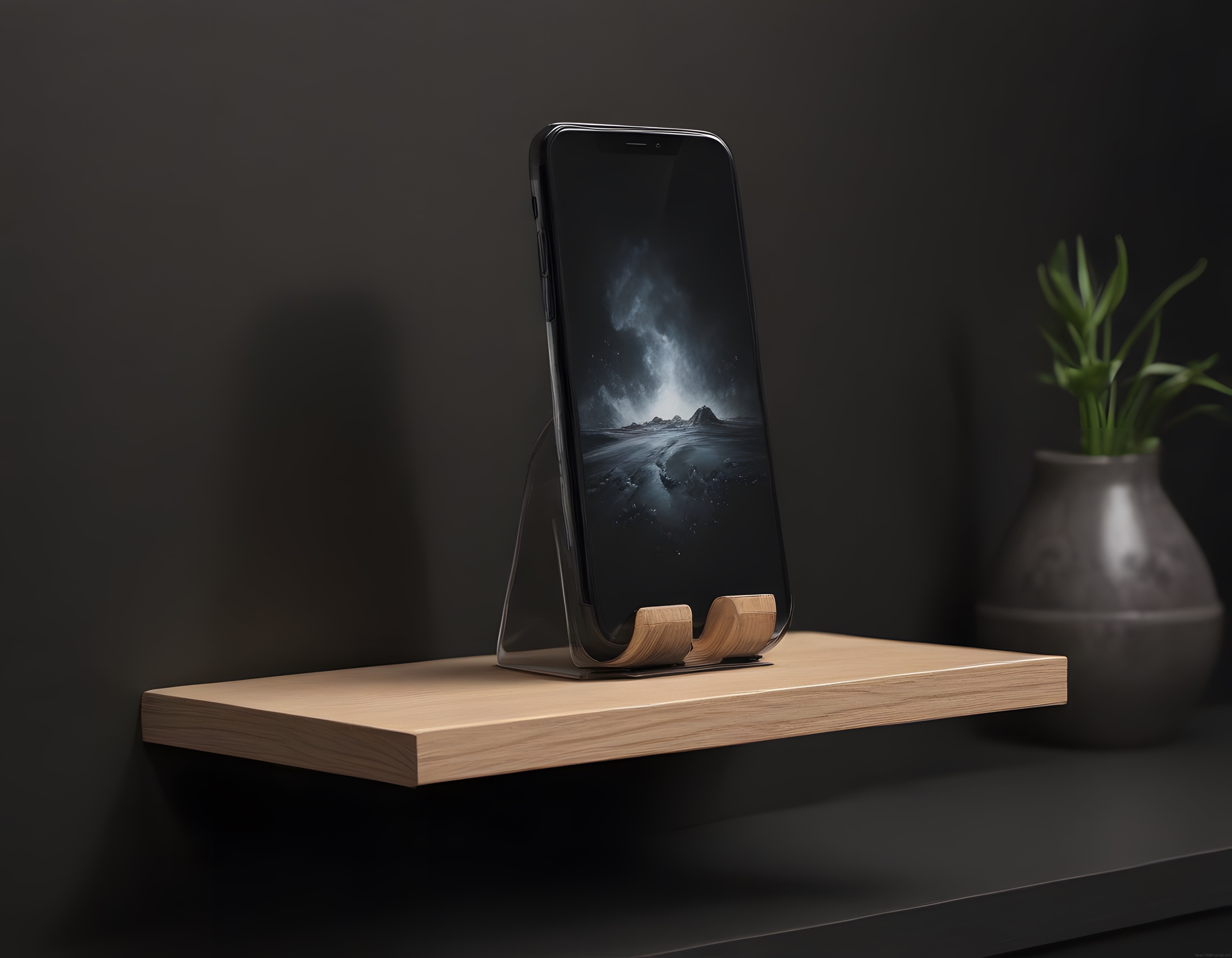 Koyu ve Mistik Atmosferli Telefon Ekranı ile Minimalist Masa Dekorasyonu