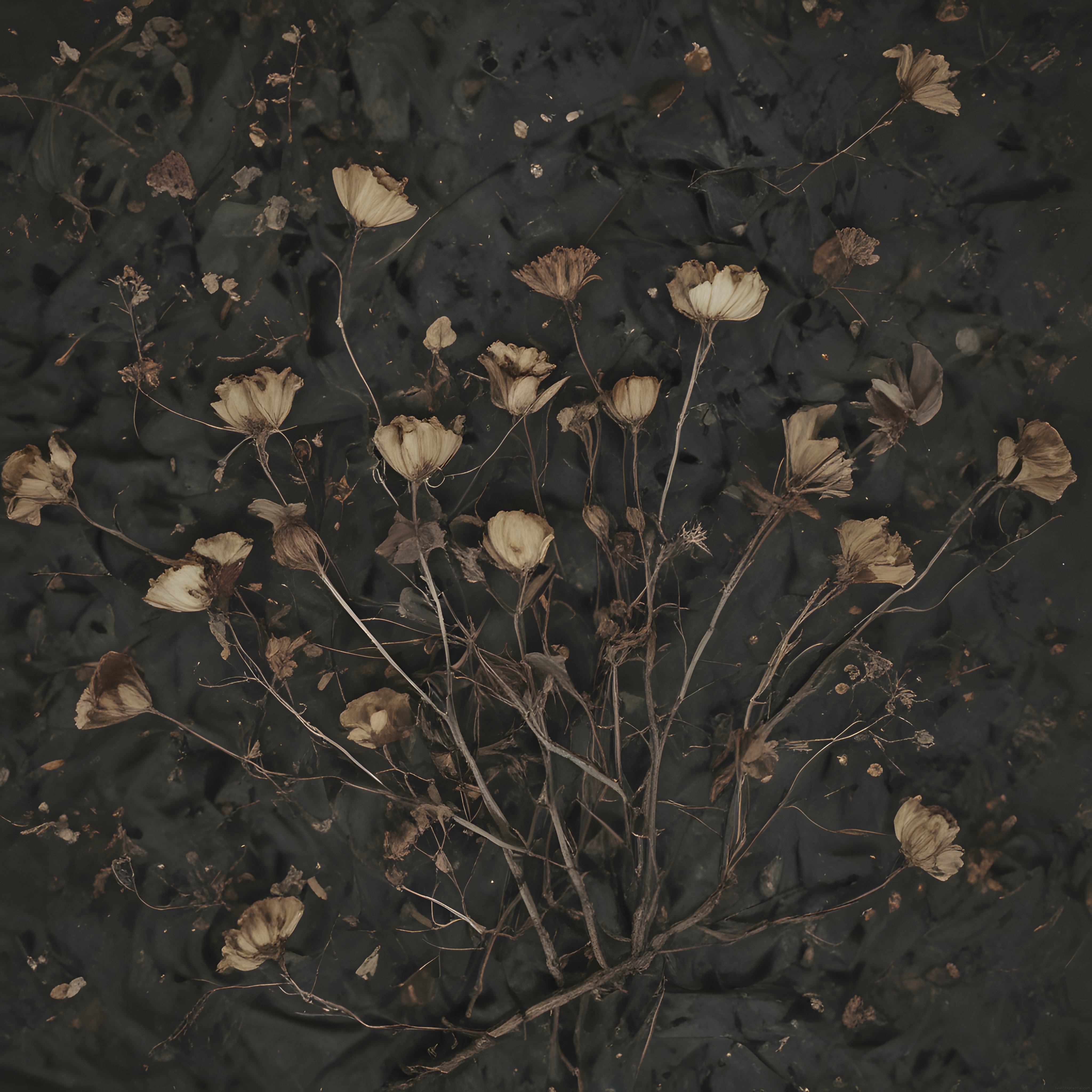 Koyu Zemin Üzerinde Kurutulmuş Çiçekler ve Botanik Detaylar ile Sanatsal Still Life
