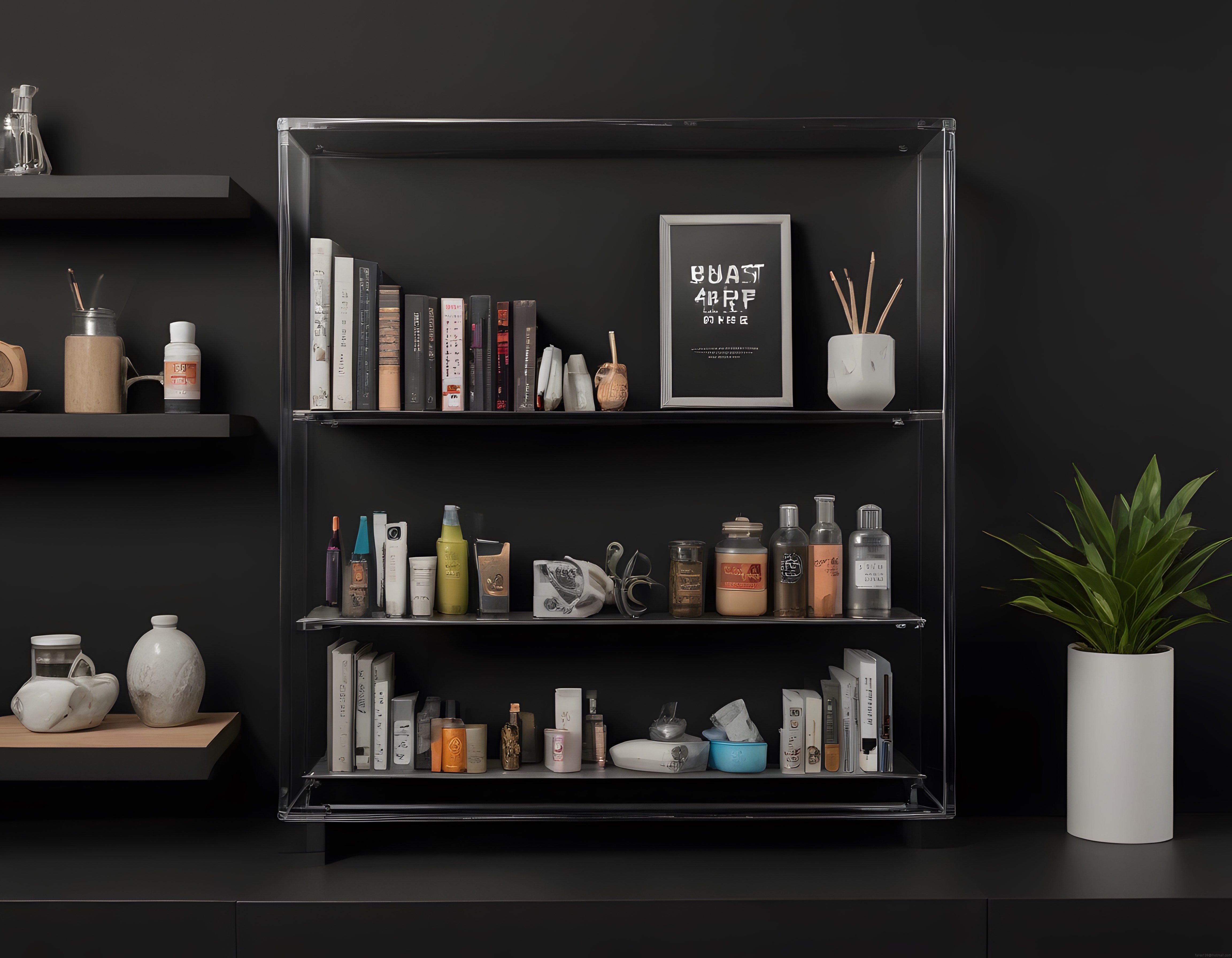 Koyu Zemin Üzerinde Modern Minimalist Ev Dekorasyonu ve Raf Düzenleme