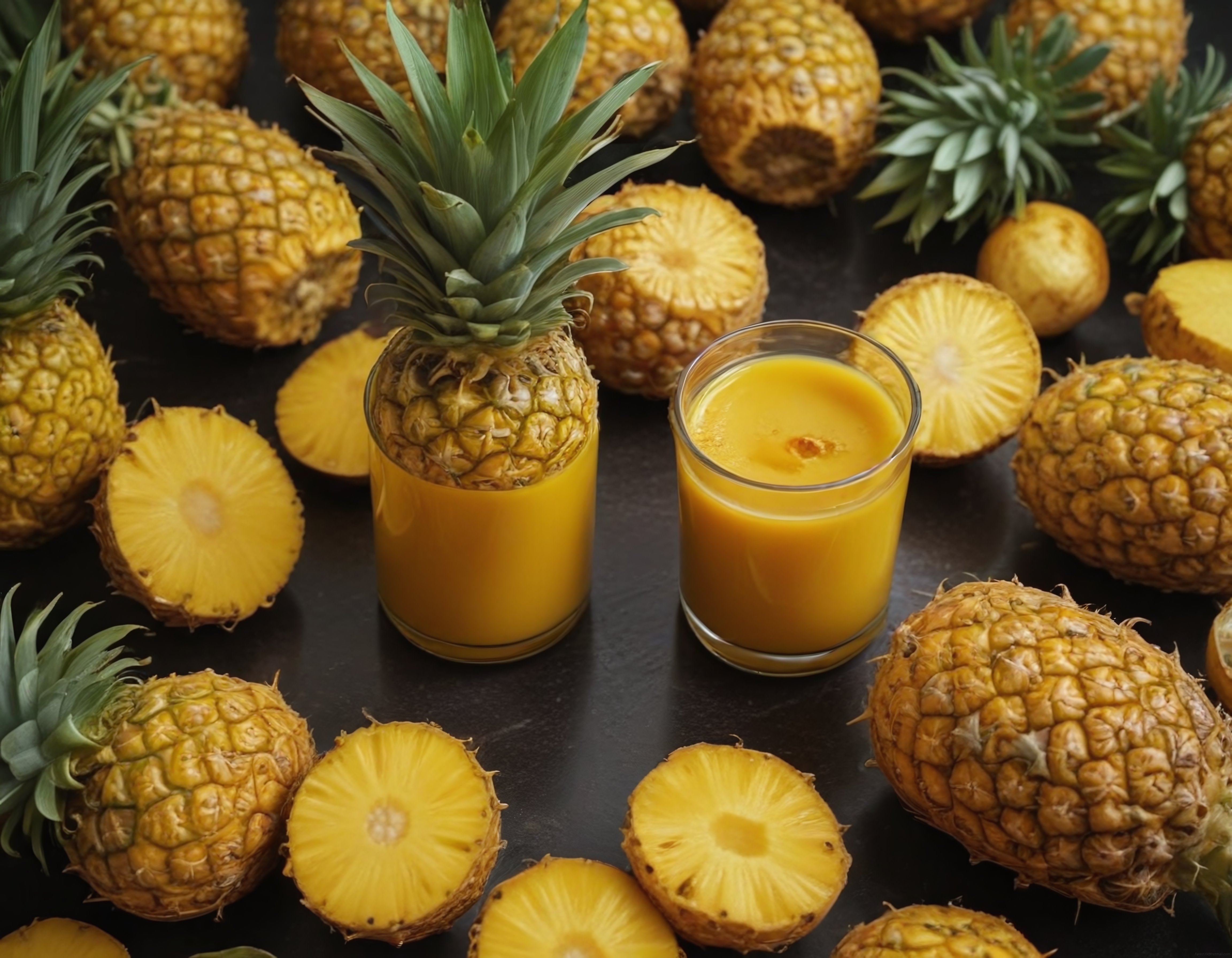 Koyu Zemin Üzerinde Taze Ananas Suyu ve Dilimlenmiş Tropikal Meyve Sunumu