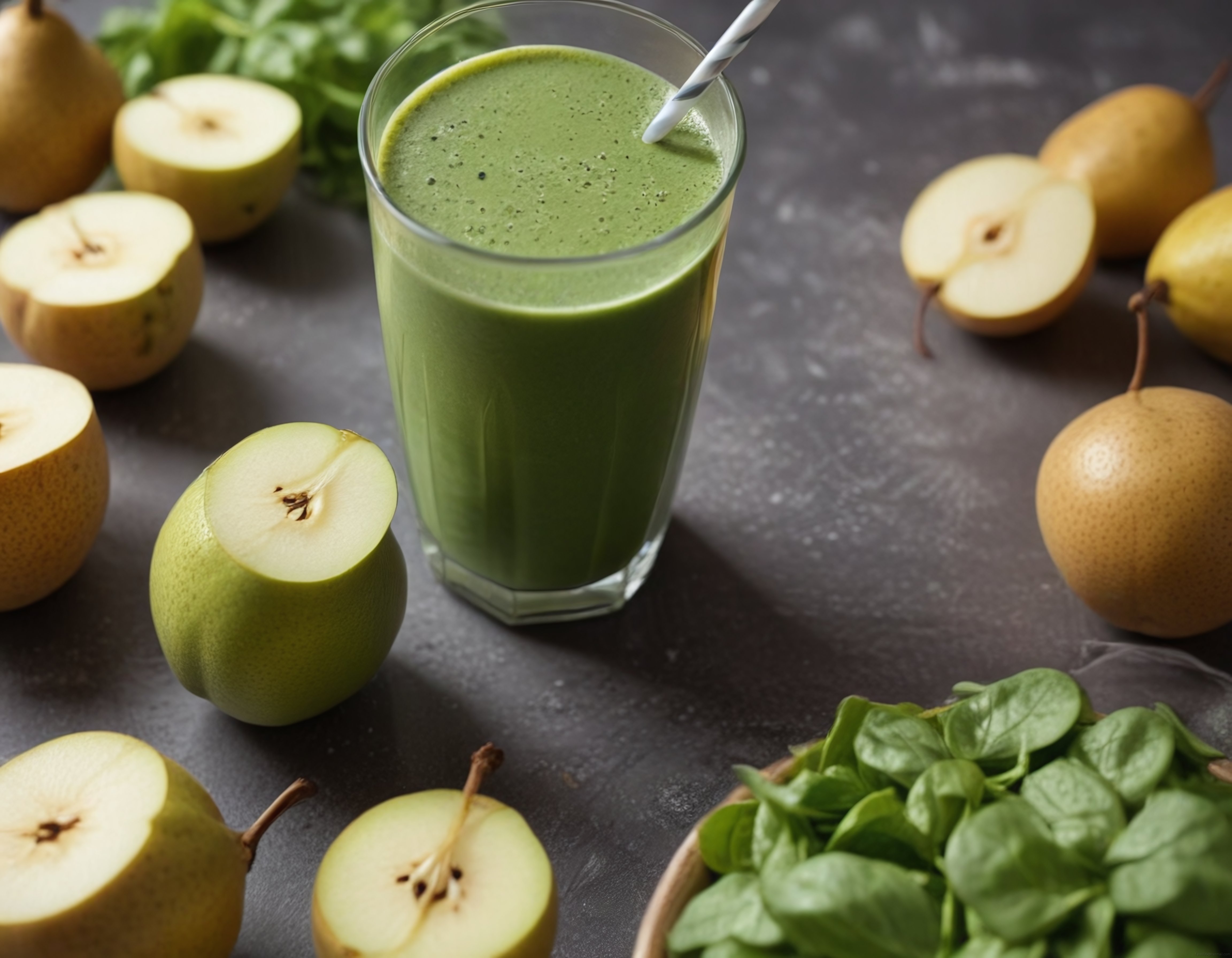 Koyu Zemin Üzerinde Taze Armutlu ve Ispanaklı Yeşil Smoothie