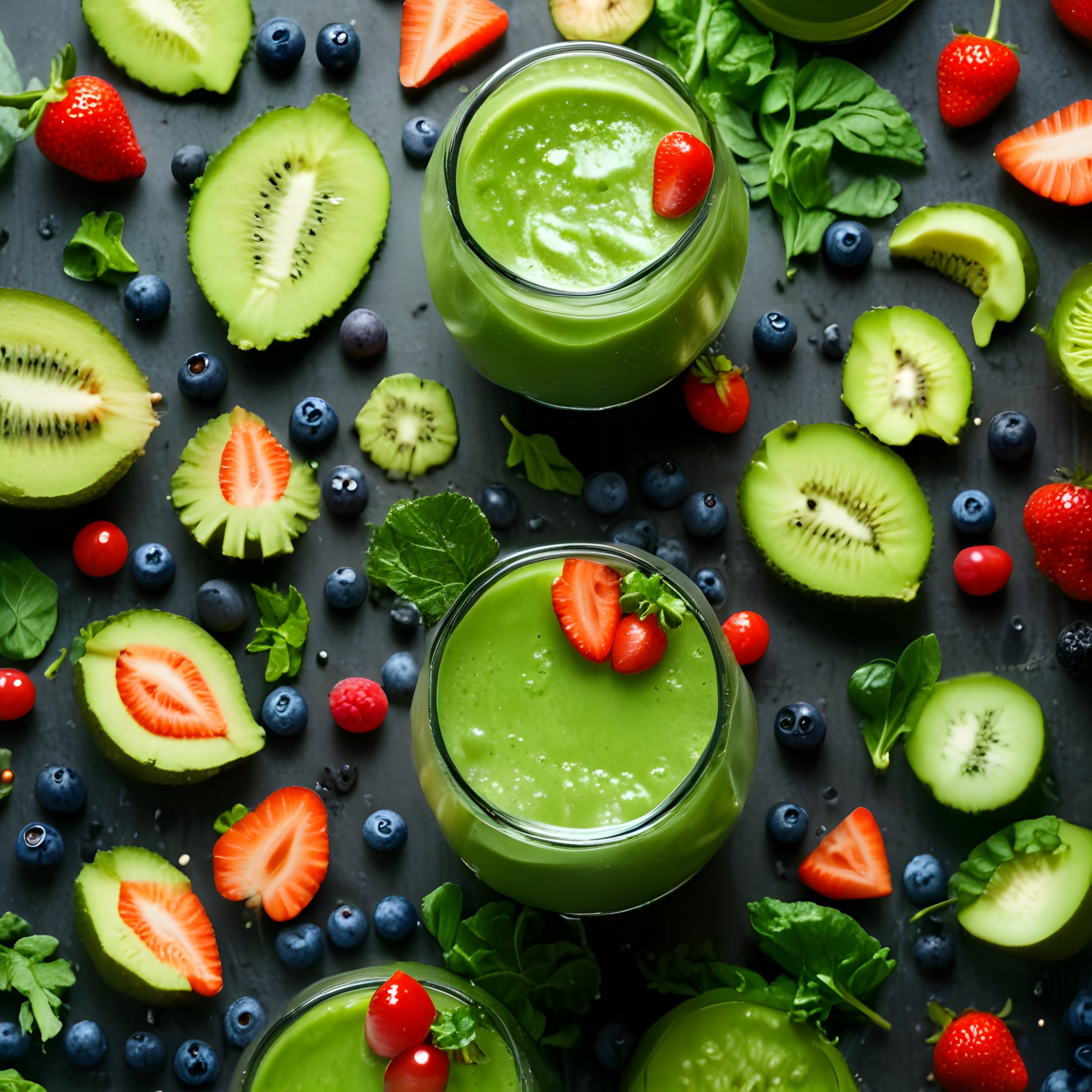 Koyu Zemin Üzerinde Taze Meyveli Yeşil Detoks Smoothie Bardakları