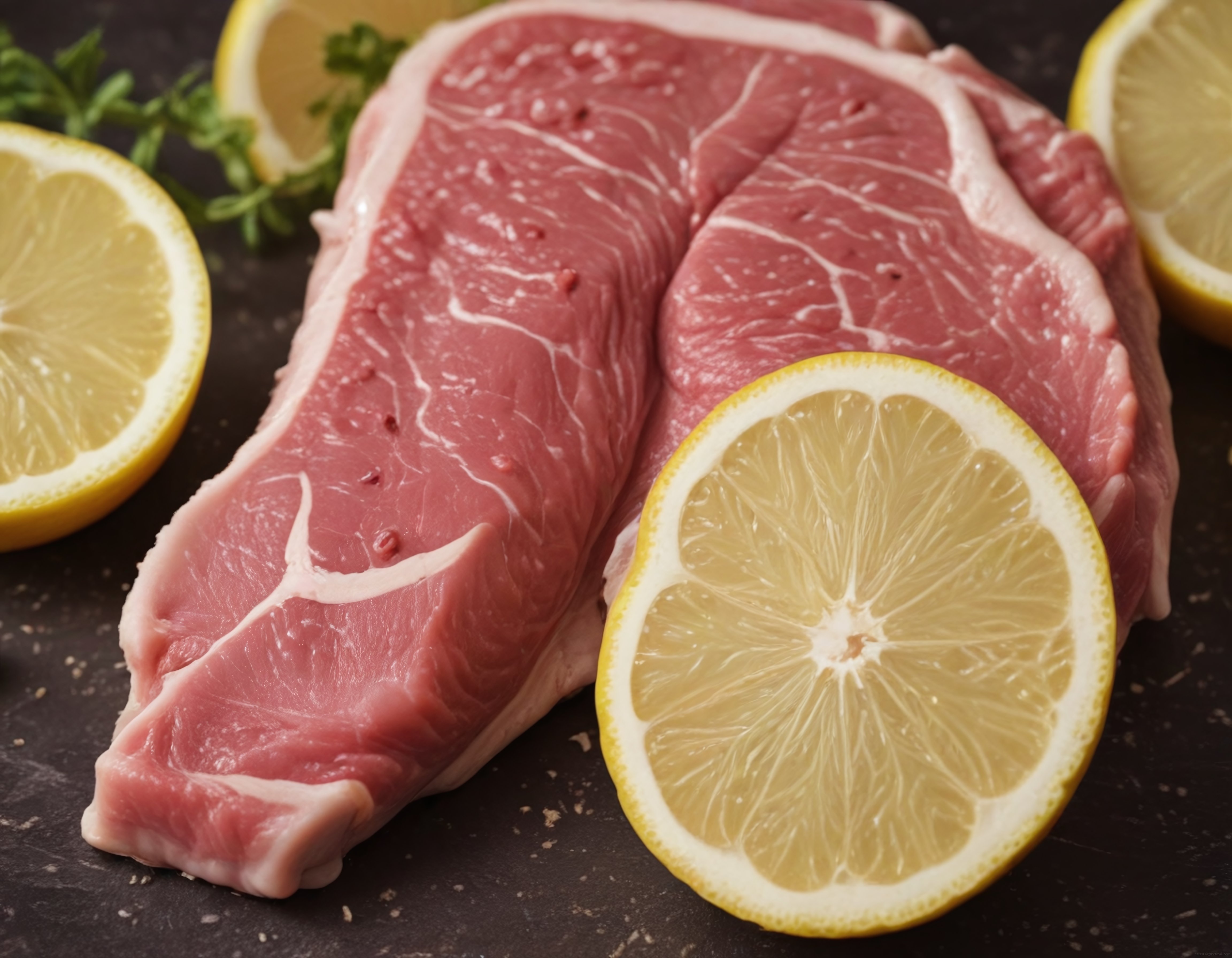 Koyu Zeminde Limon Dilimleriyle Birlikte Taze Kırmızı Et Şöleni