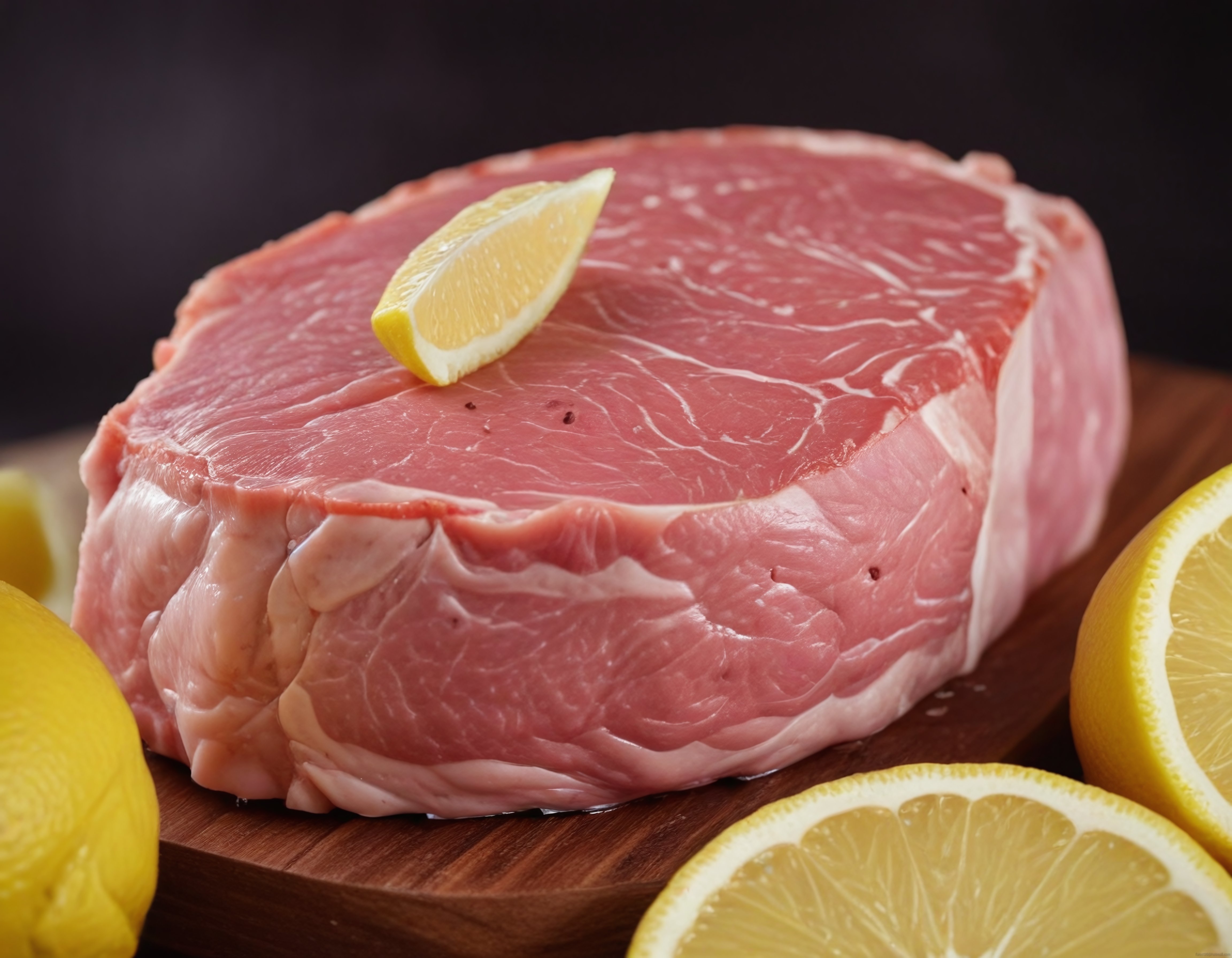 Koyu Zeminde Limon Dilimli Taze Çiğ Dana Antrikot Parçası Fotoğrafı