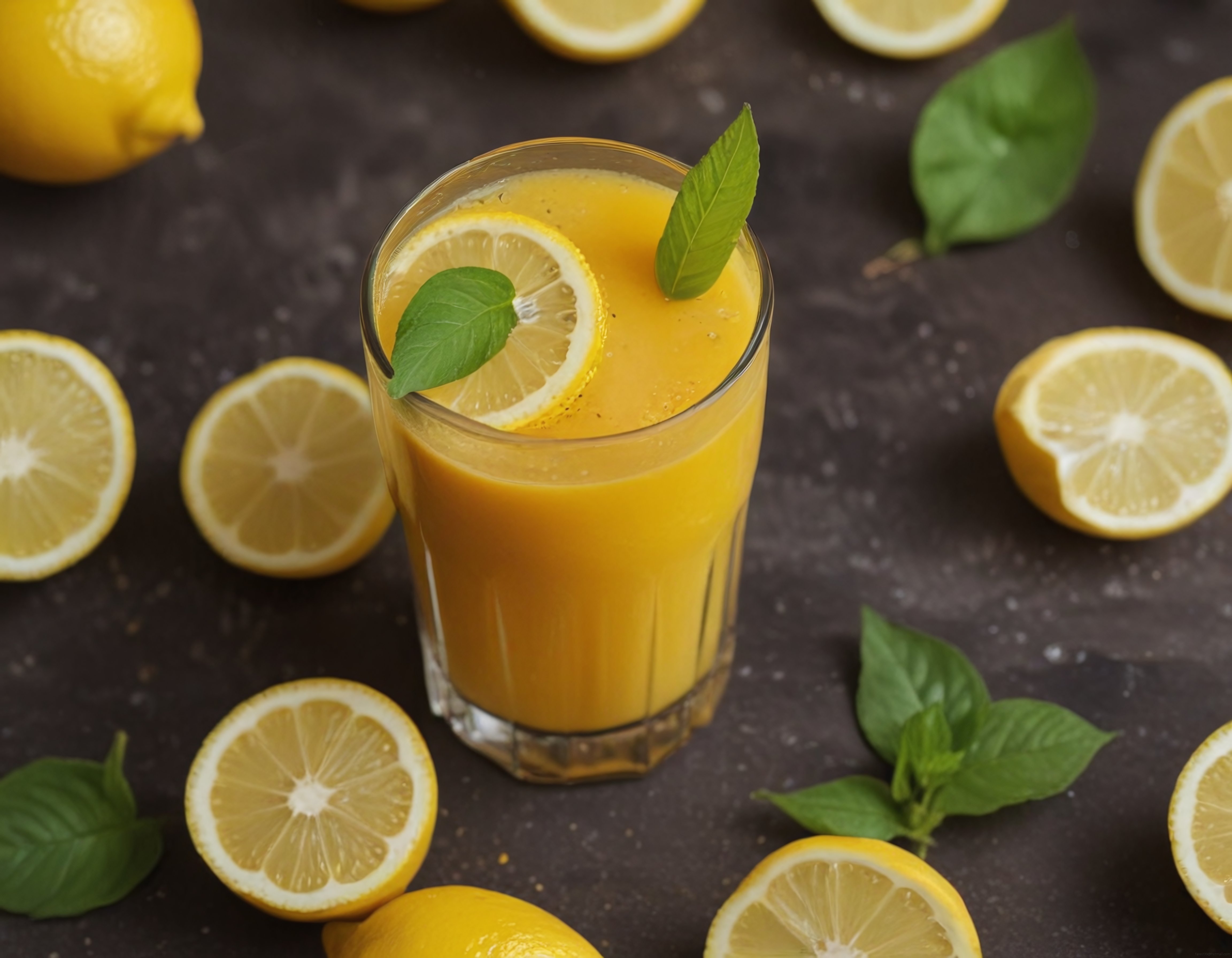 Koyu Zeminde Taze Limon Dilimleri ve Nane ile Süslenmiş Ev Yapımı Limonata