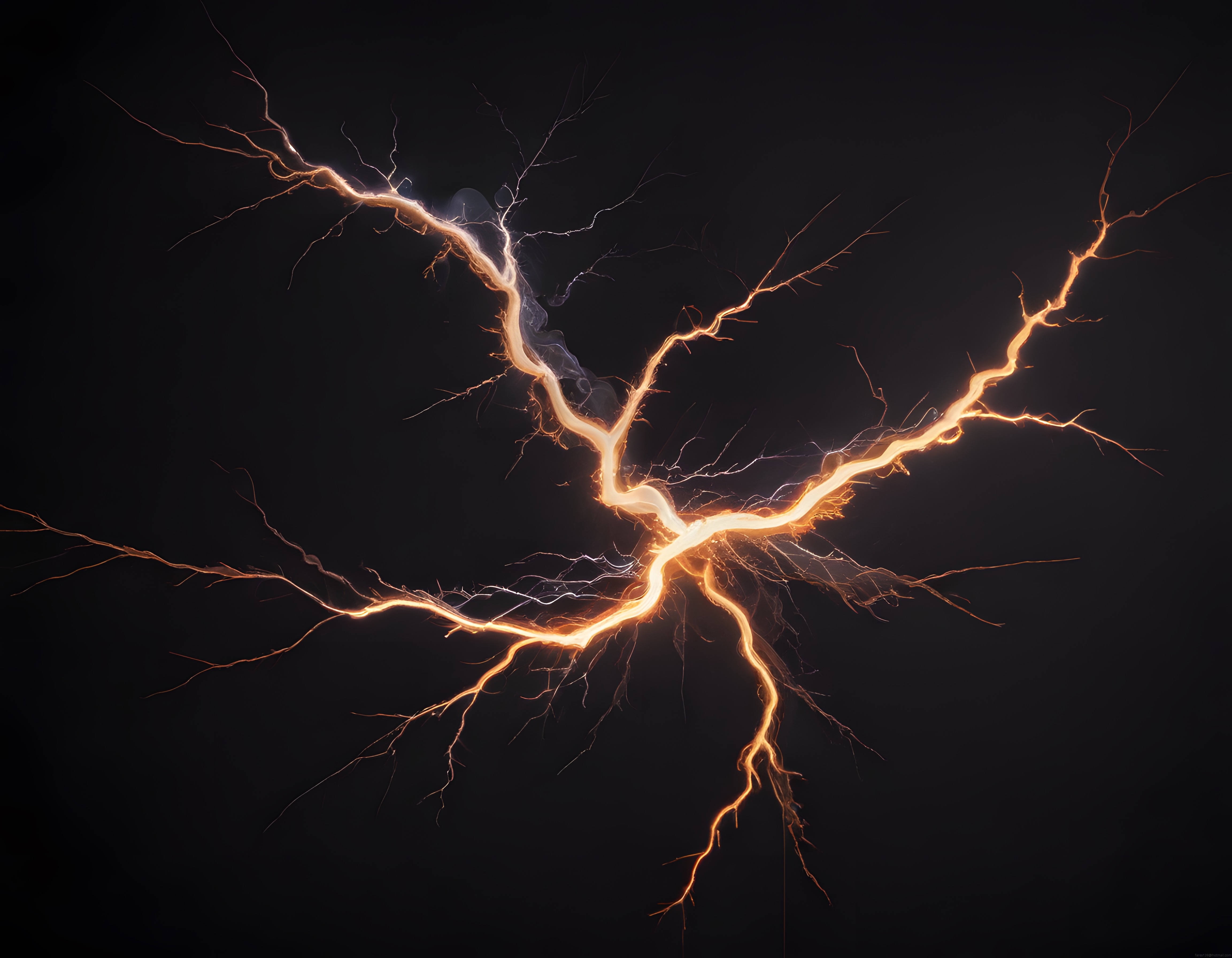 Koyu Zeminde Turuncu Altın Tonlarında Soyut Elektrik ve Işık Dalları