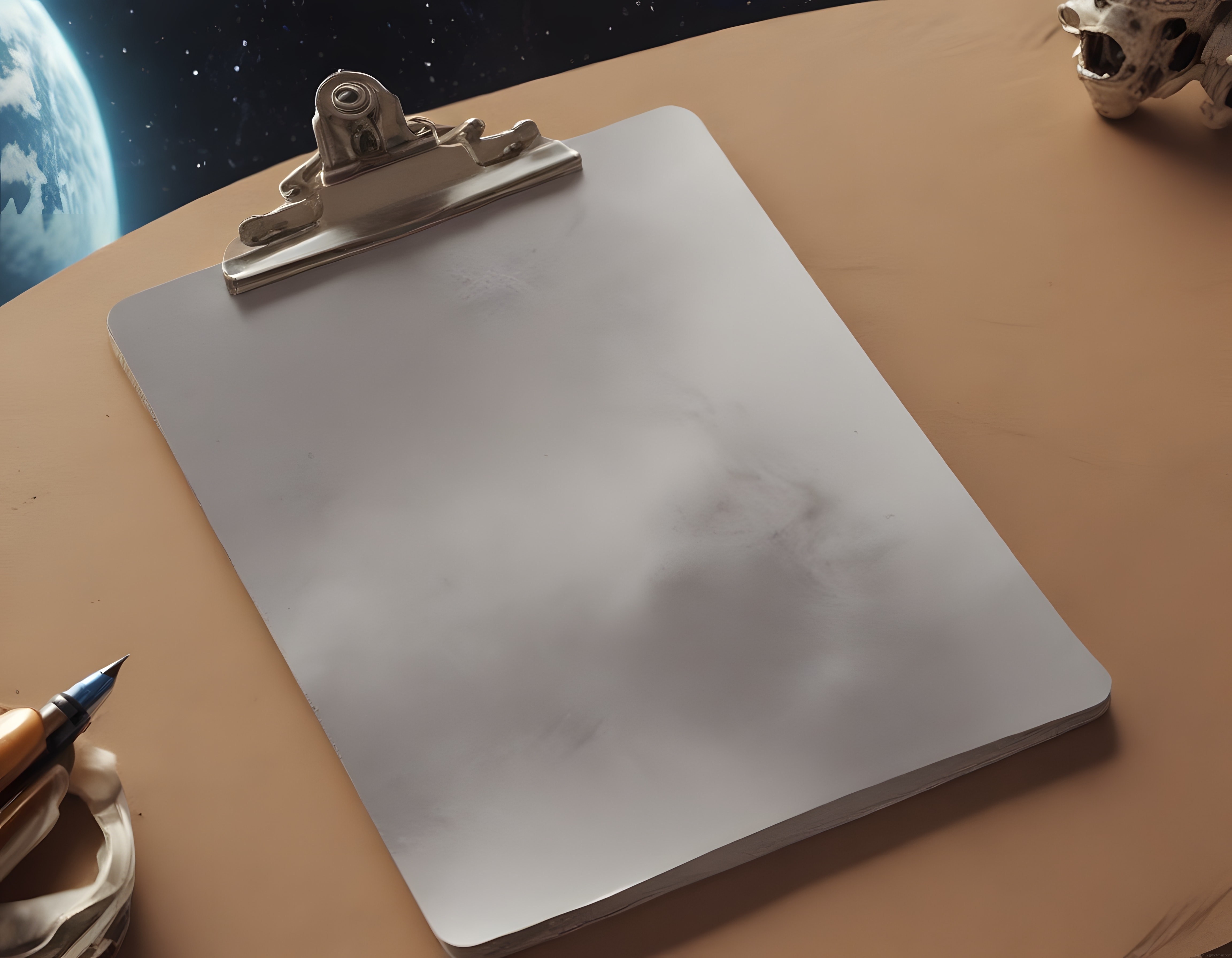 Kozmik arka planlı masada boş clipboard ve bilim kurgu mockup şablonu