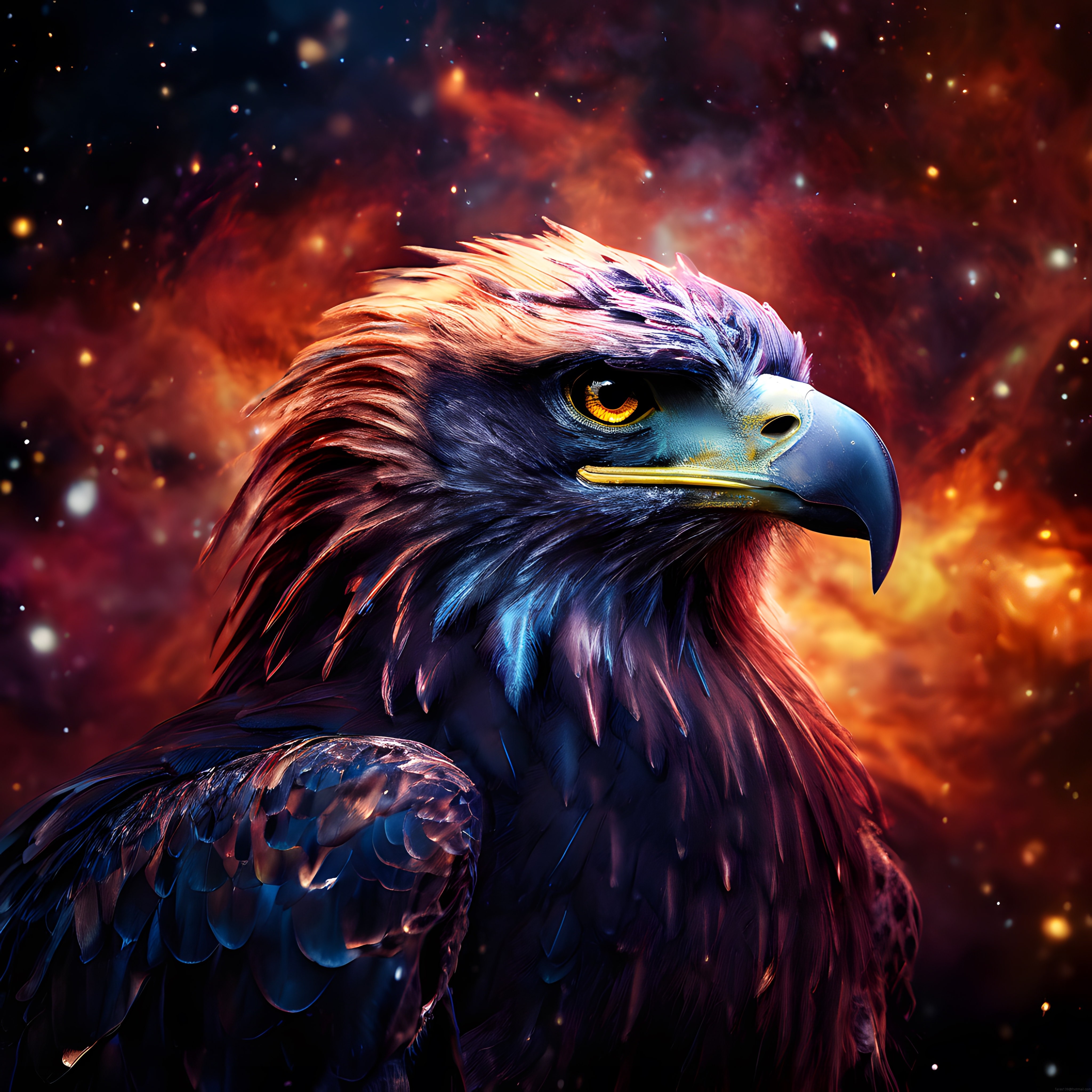 Kozmik Nebula Arka Planda Detaylı ve Renkli Kartal Başı Dijital Sanat Eseri