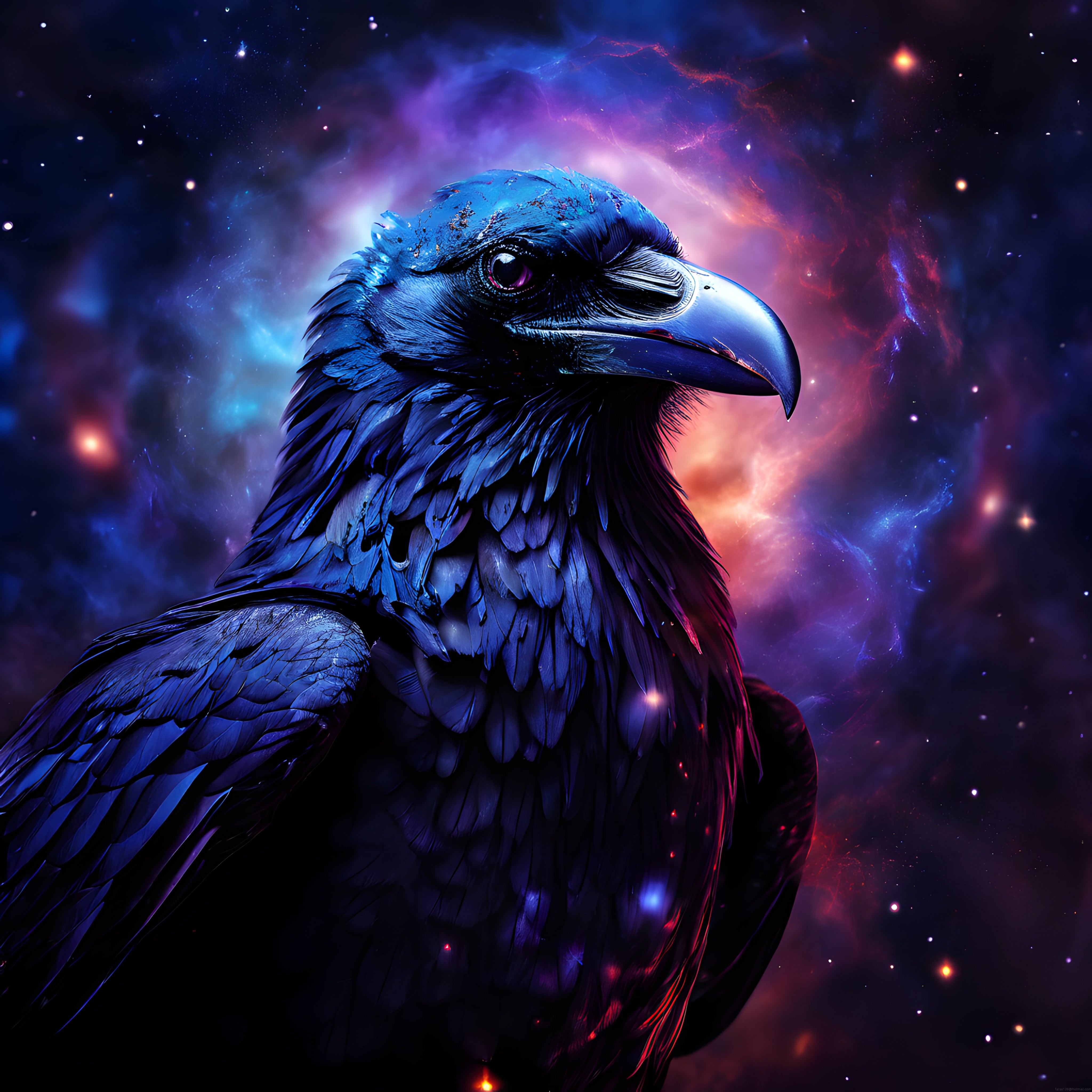 Kozmik Nebula Arka Planında Gizemli Mavi Kuzgun Dijital Sanat Portresi
