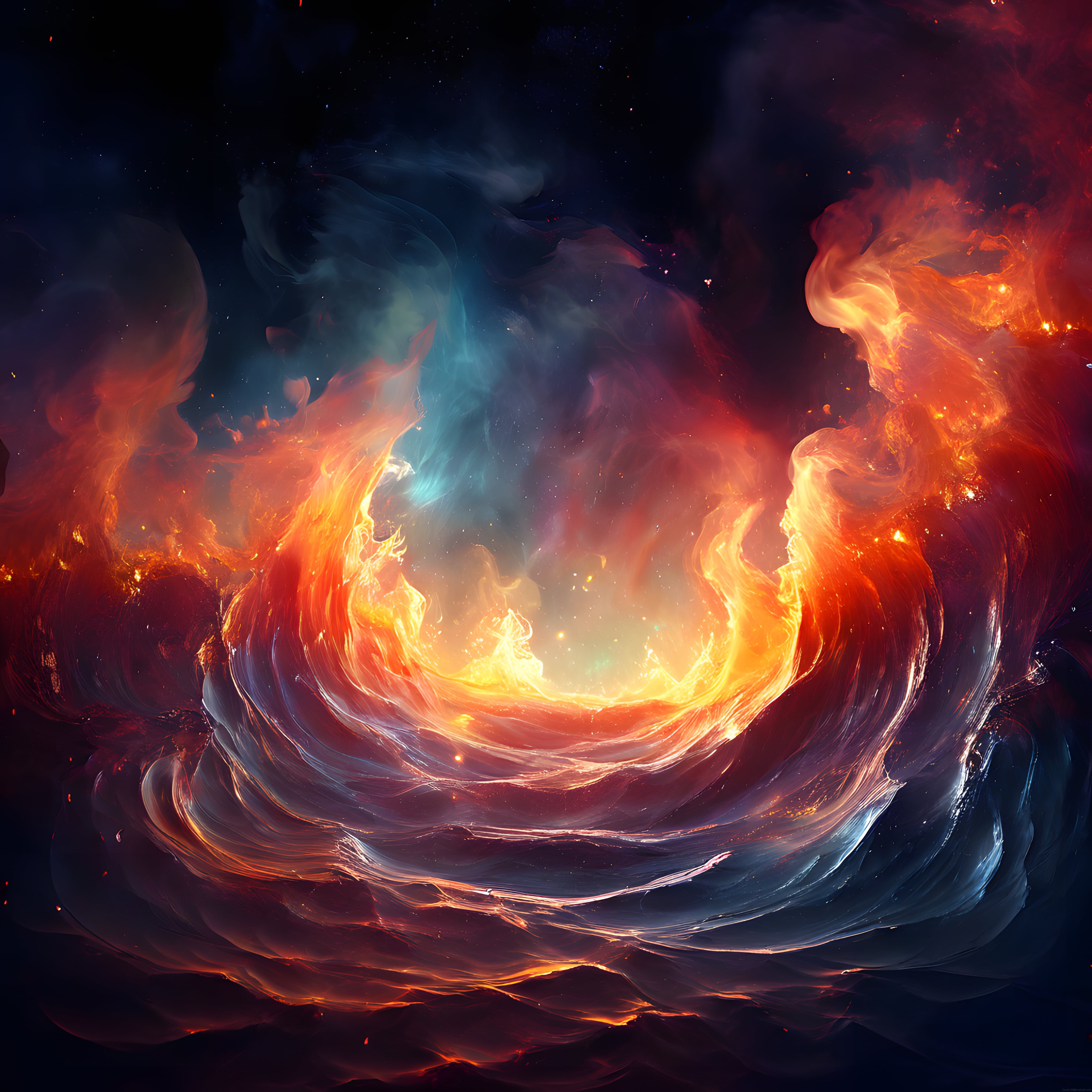 Kozmik Nebulada Ateş ve Buzun Efsanevi Dansı: Dijital Fantastik Sanat