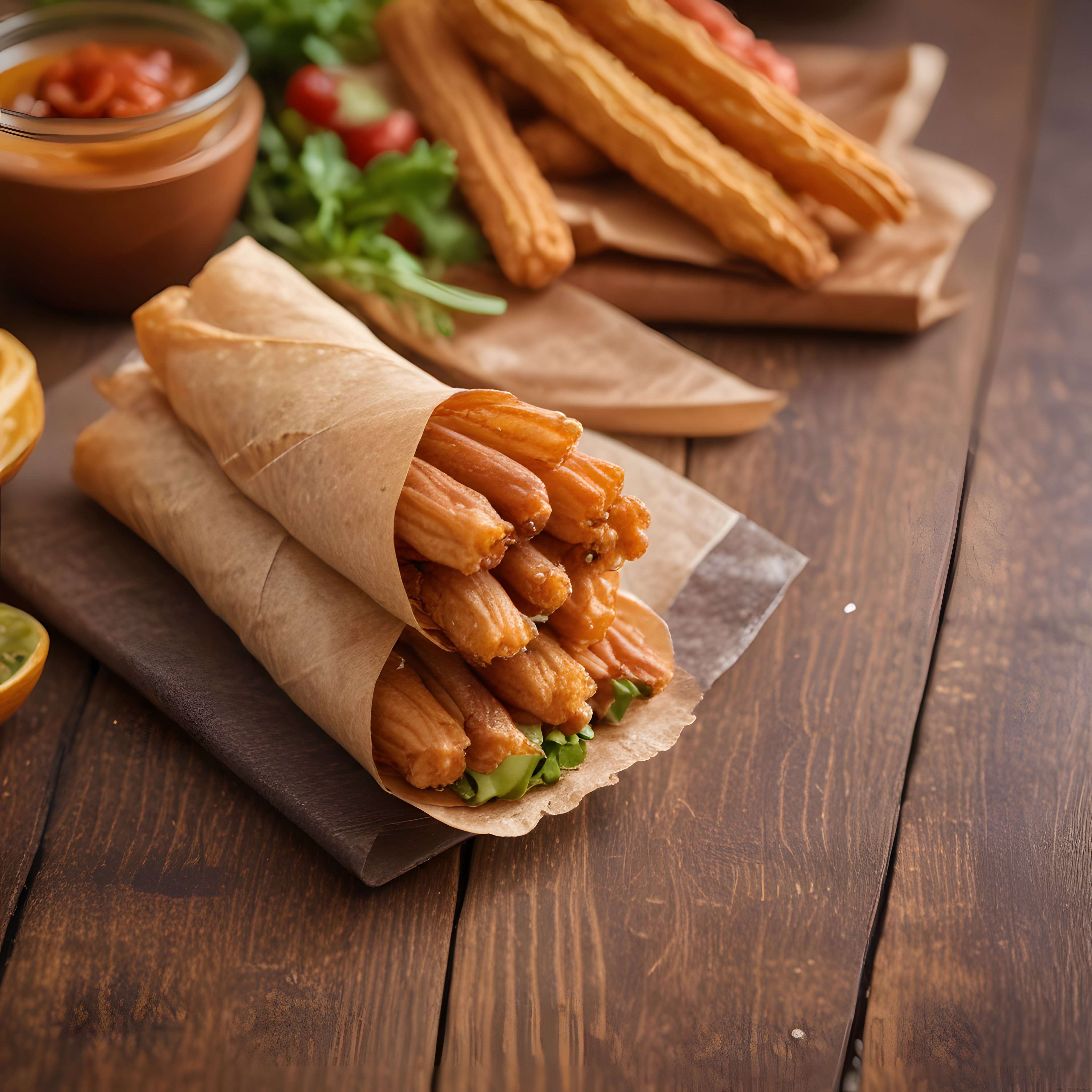 kraft kağıdına sarılmış churros, karamel sos ve yeşilliklerle rustik sunum