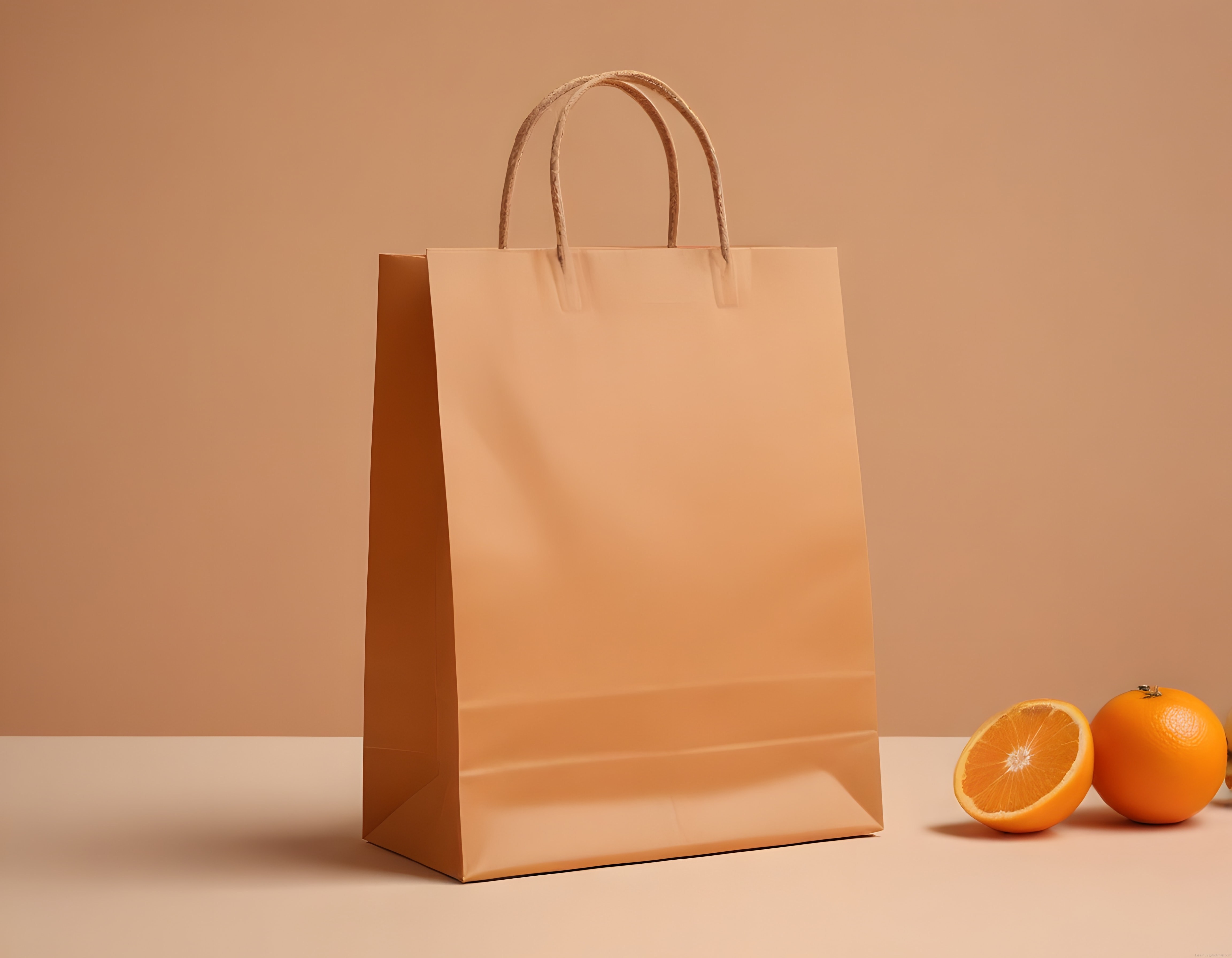 Kraft Kağıt Alışveriş Çantası ve Portakallarla Minimalist Ürün Sunumu