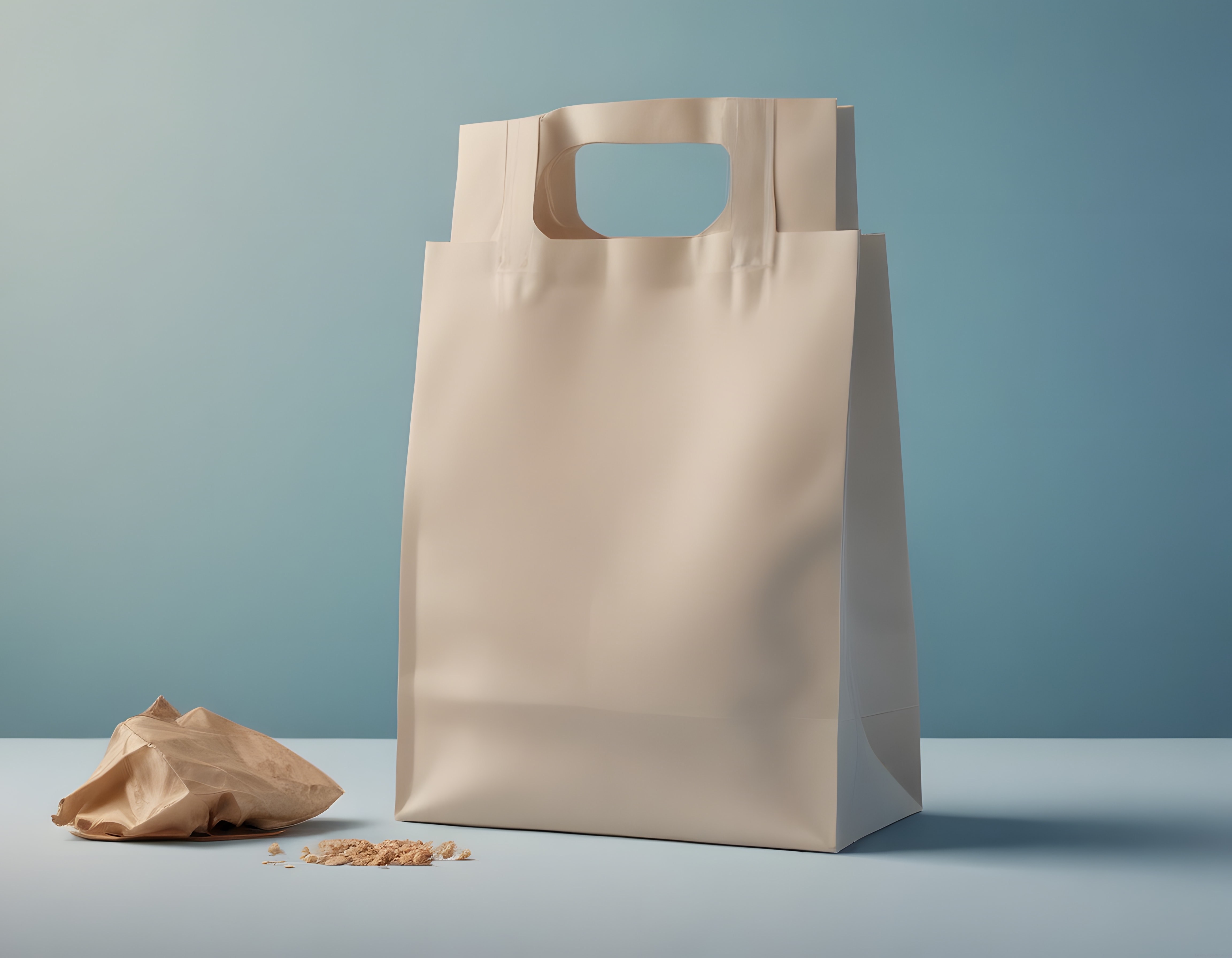 Kraft kağıt alışveriş torbası mockup ve minimalist mavi stüdyo arka planı