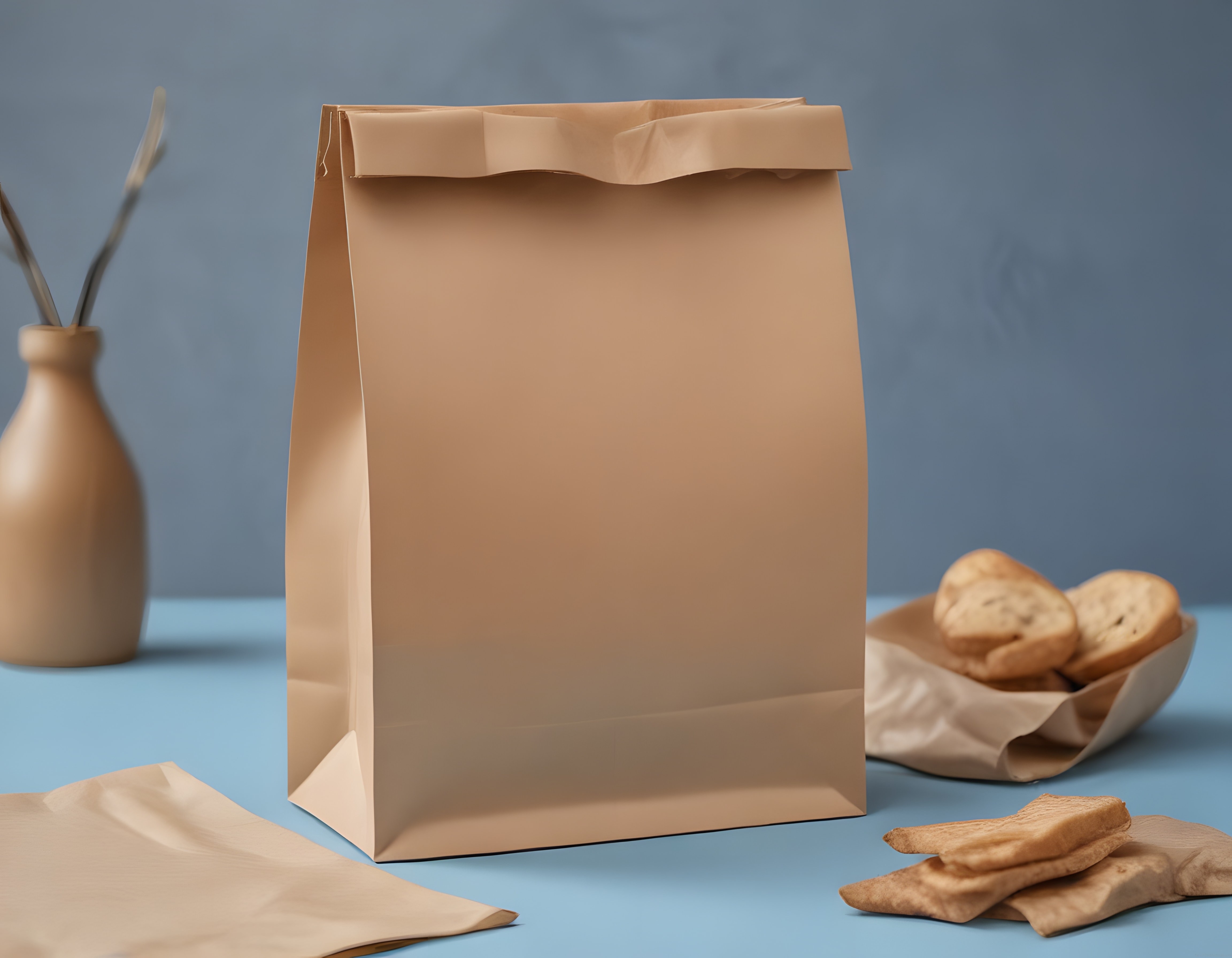 Kraft Kağıt Torba ve Ekmekli Minimalist Masaüstü Ürün Mockup Görseli