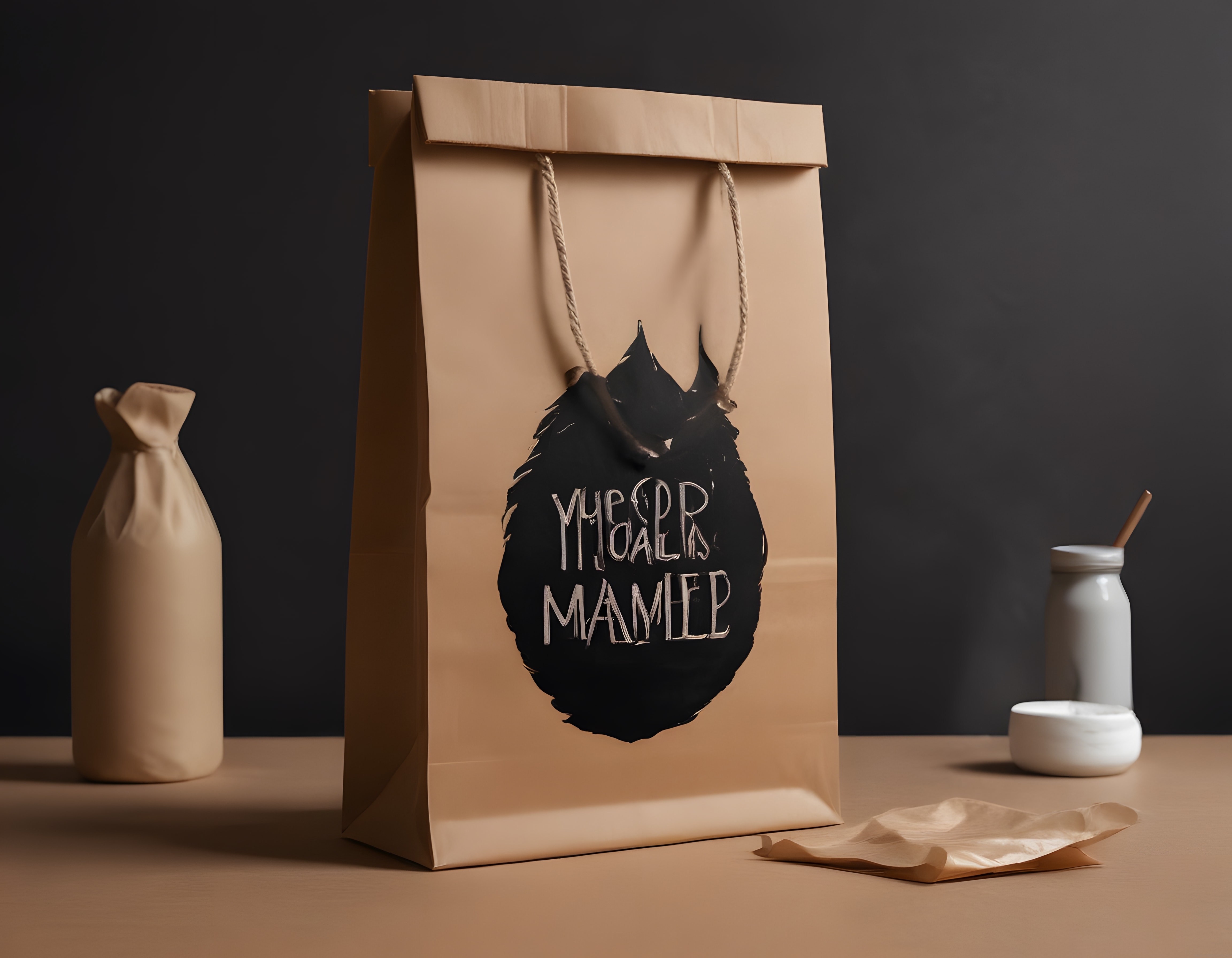 Kraft kağıt torba ve etiket detaylarıyla minimalist ürün çekimi