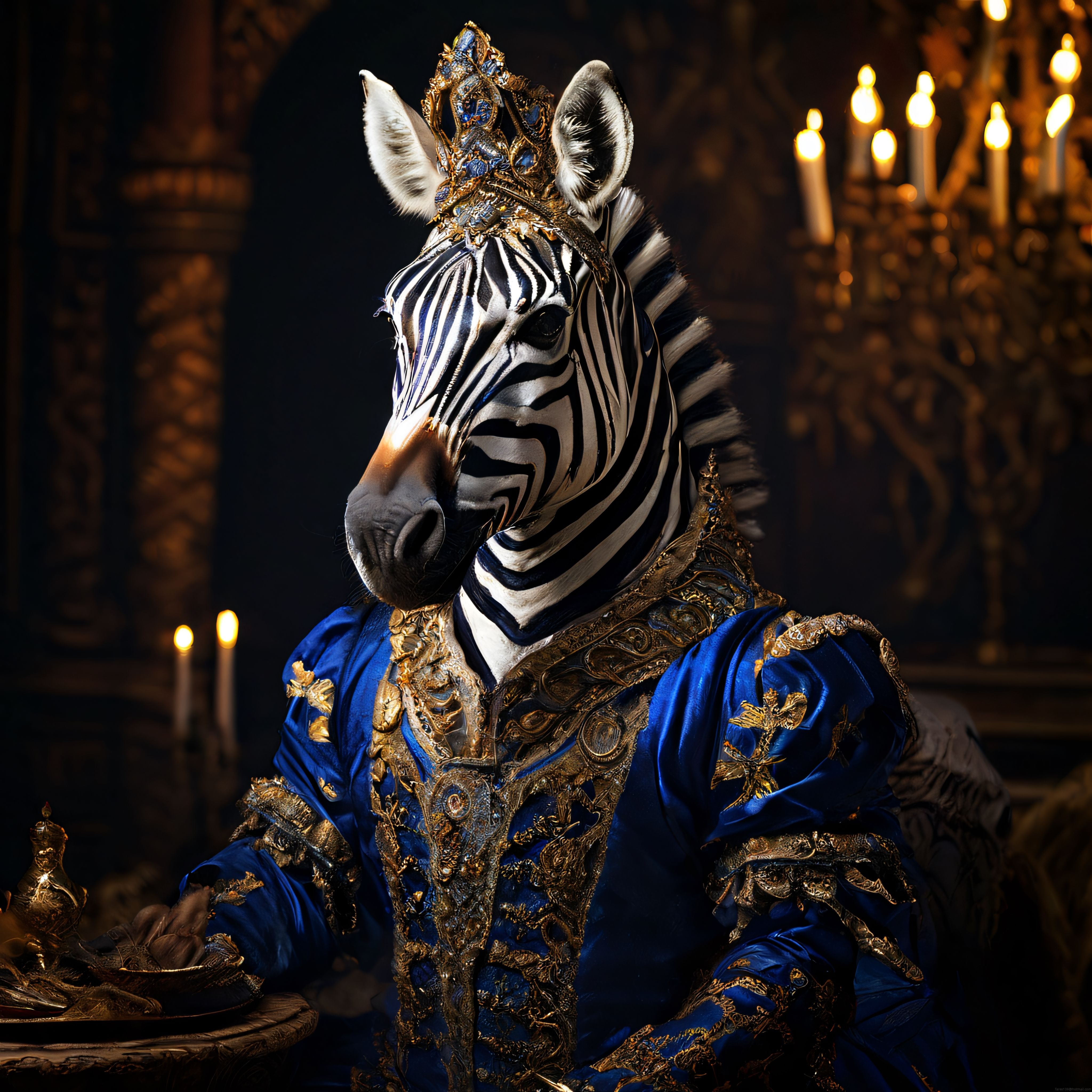 Kraliyet Taçlı Lüks Mavi Elbiseli Zebra: Antropomorfik Dijital Sanat Portresi