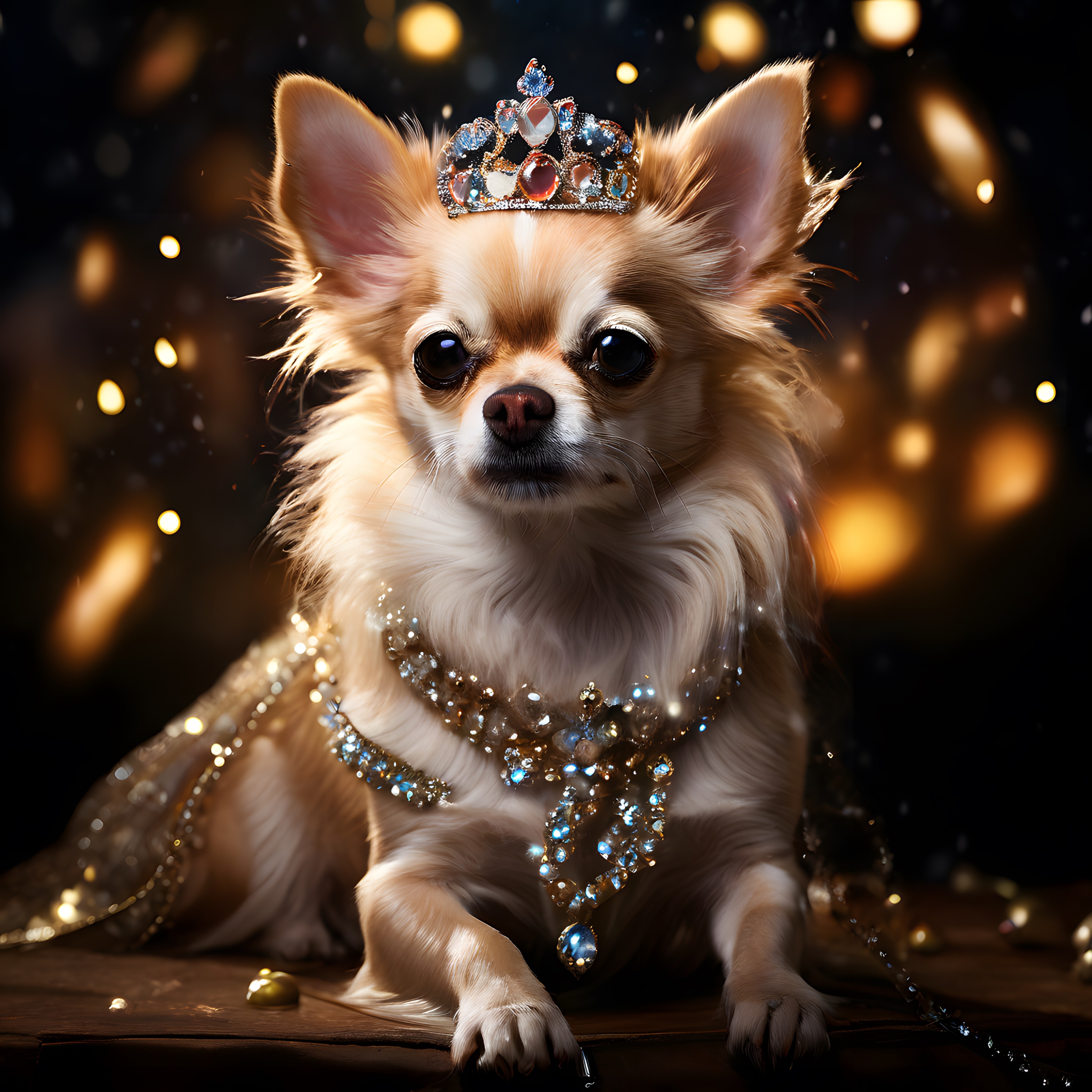 Kraliyet Taçlı ve Mücevher Kolyeli Şık Chihuahua Köpeği Portresi