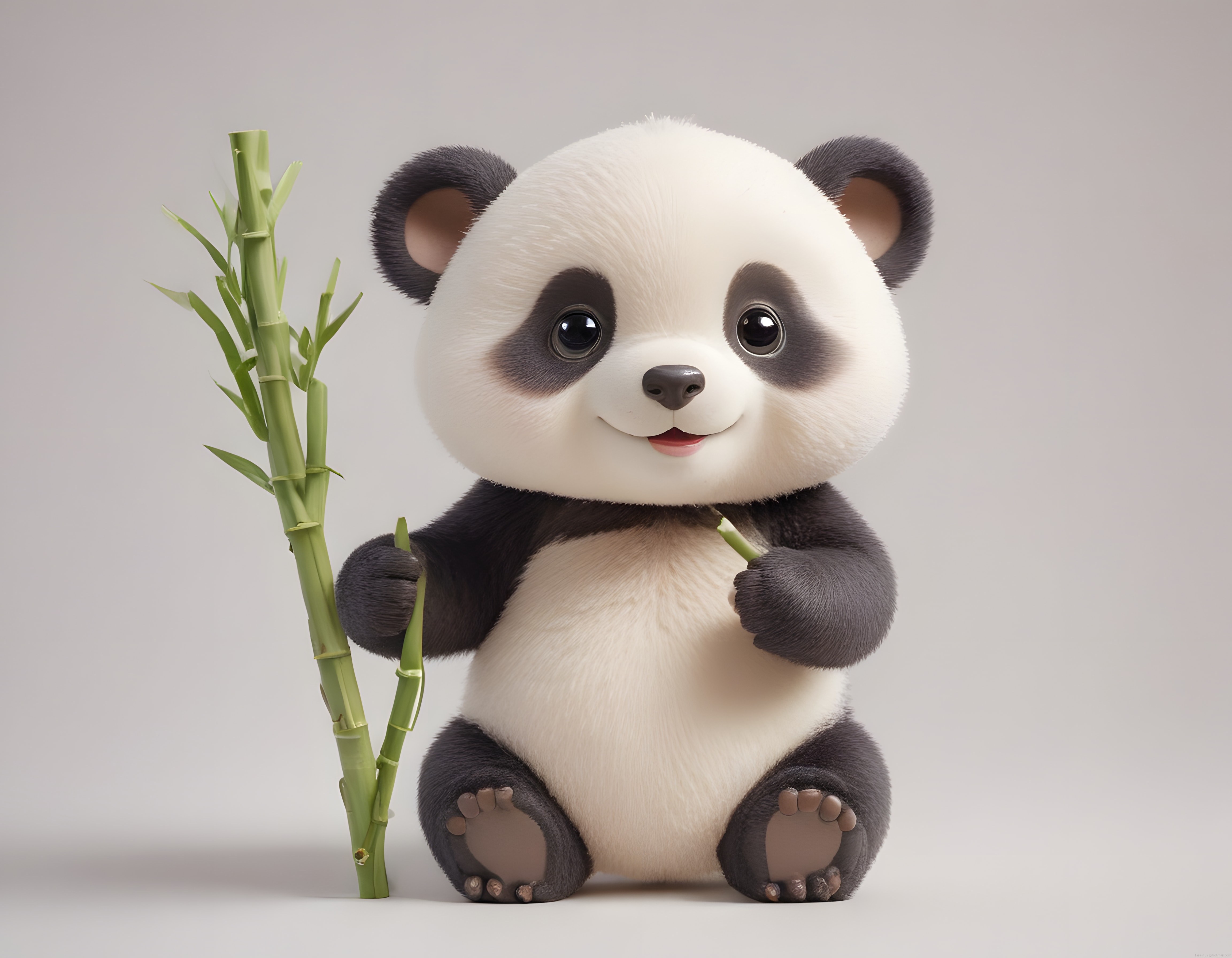 Krem arka planda bambu tutan sevimli 3D bebek panda animasyon karakteri