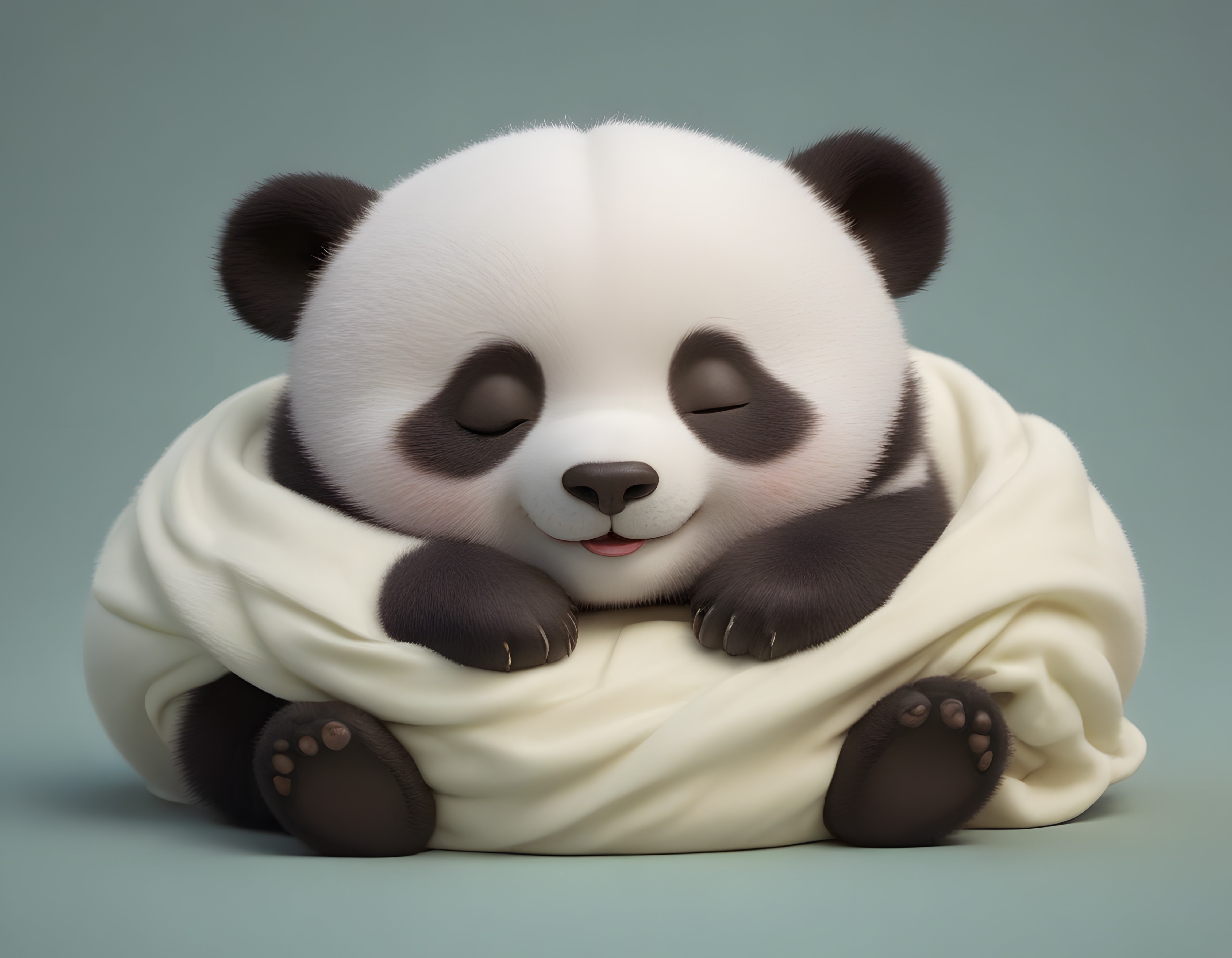 Krem battaniyede huzurla uyuyan sevimli 3D panda yavrusu illüstrasyonu