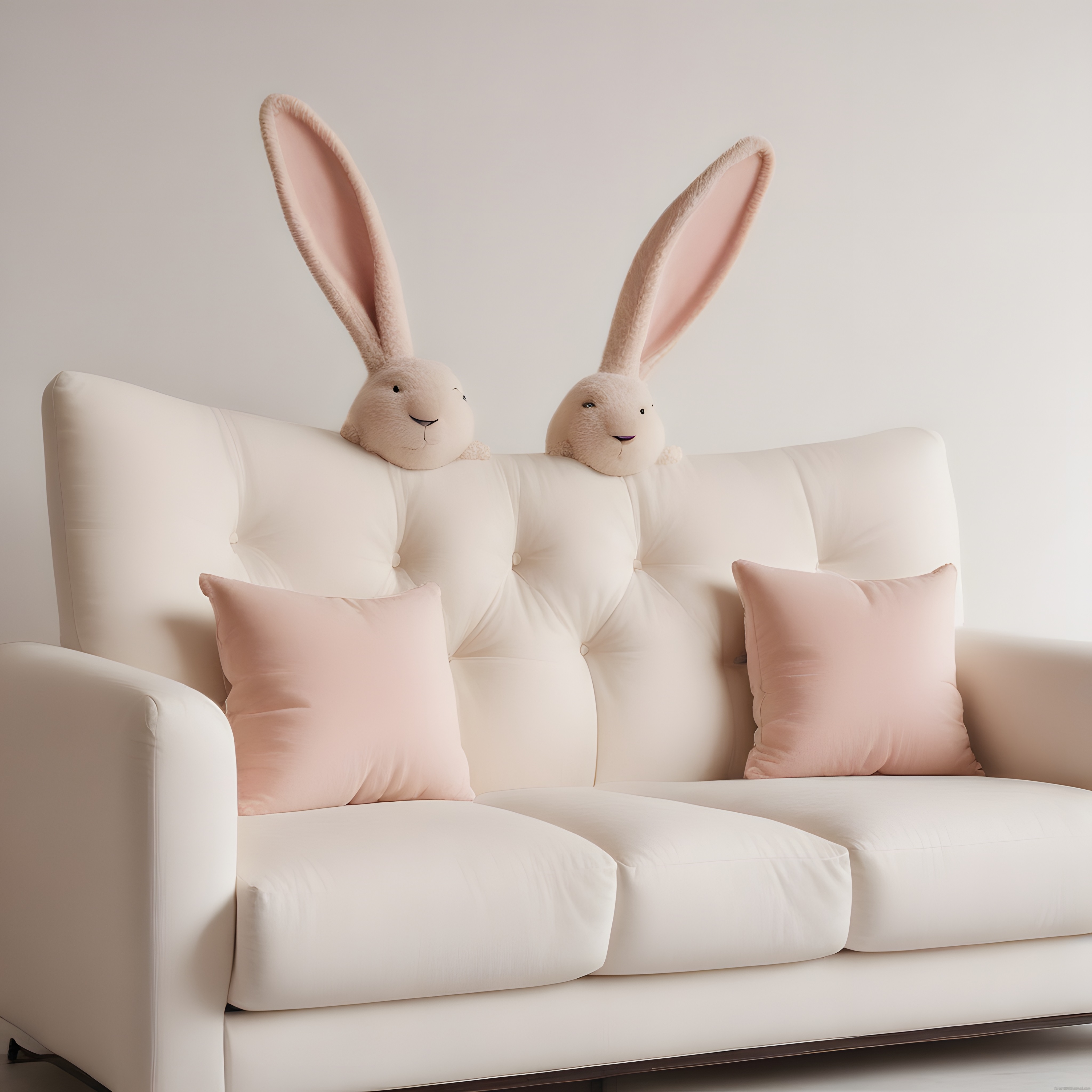 Krem Beyaz Kanepede Sevimli Tavşanlar ve Pembe Yastıklarla Çocuk Odası Dekoru