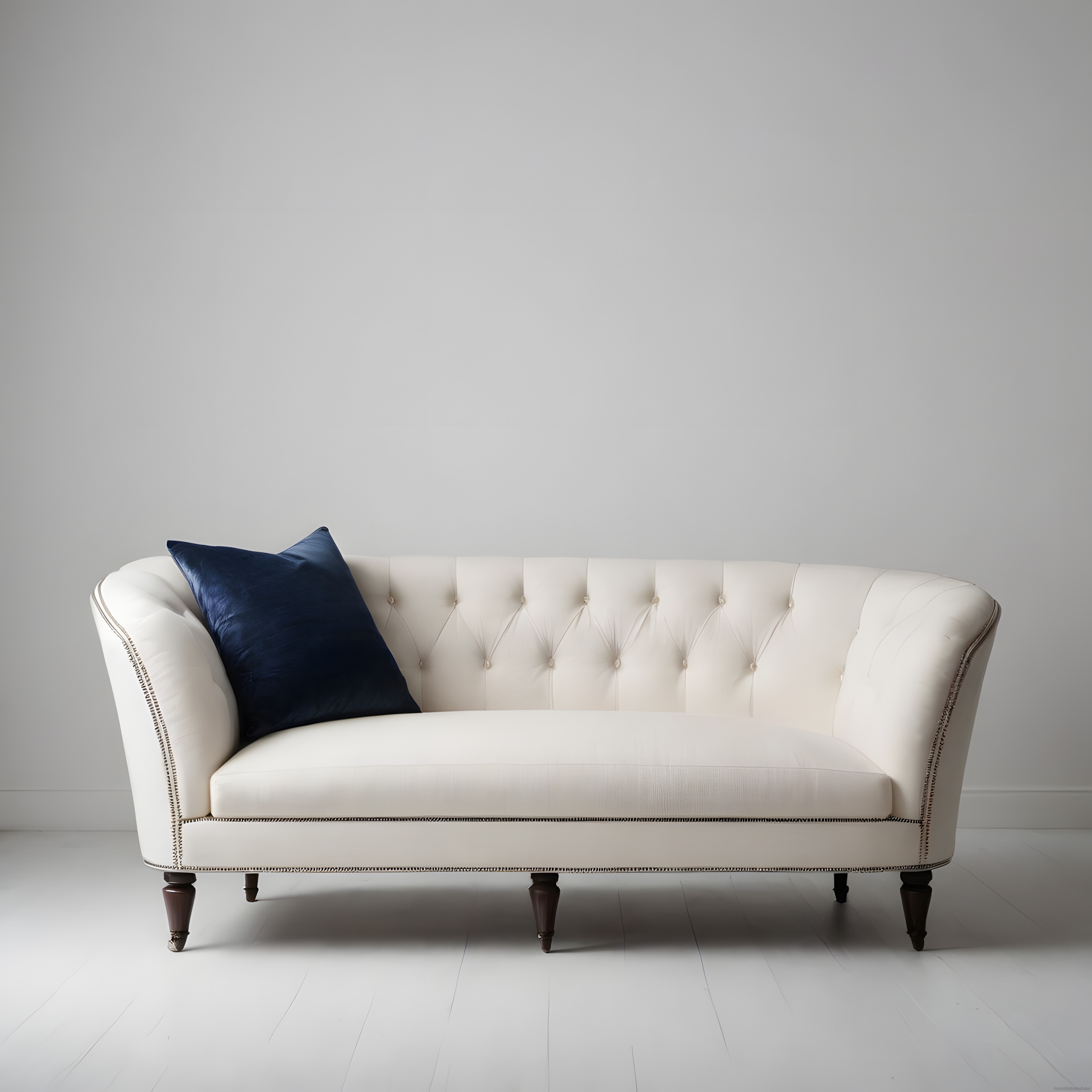 krem chesterfield kanepe ve lacivert yastıkla minimalist salon dekorasyonu