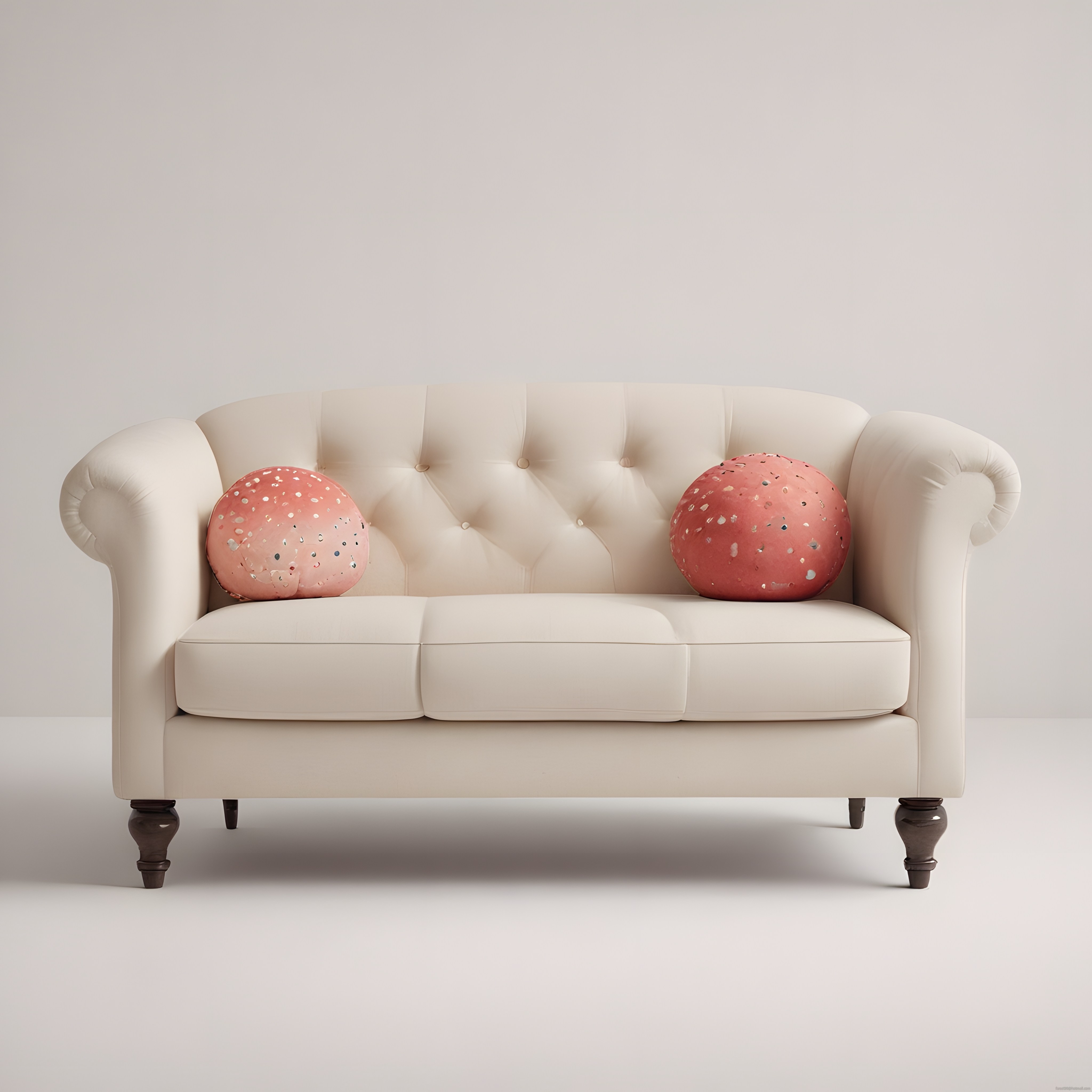 Krem Chesterfield Koltuk ve Renkli Serpmeli Pembe Yuvarlak Dekoratif Yastıklar