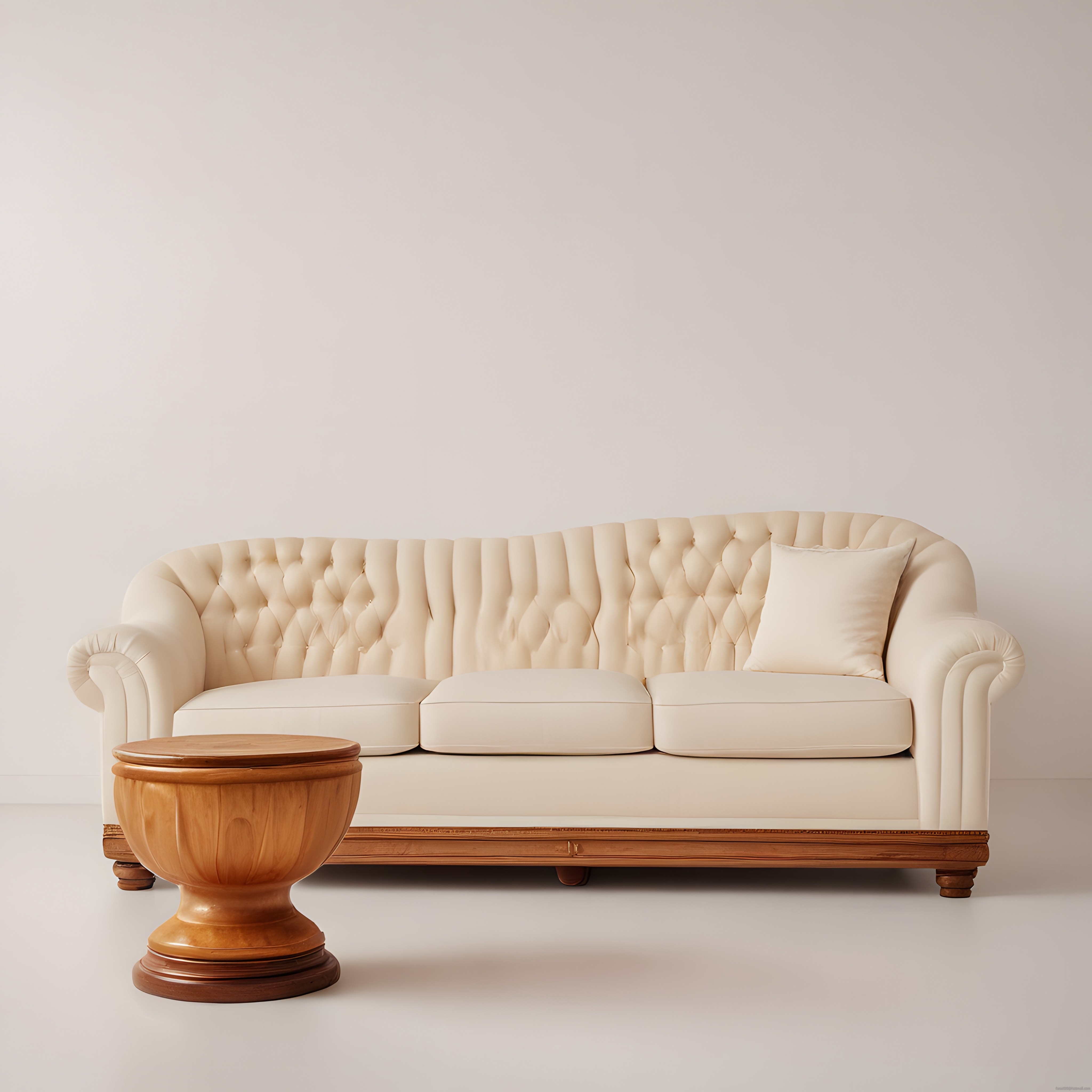 Krem Deri Chesterfield Kanepe ve Ahşap Sehpa ile Modern Minimal Salon Dekoru