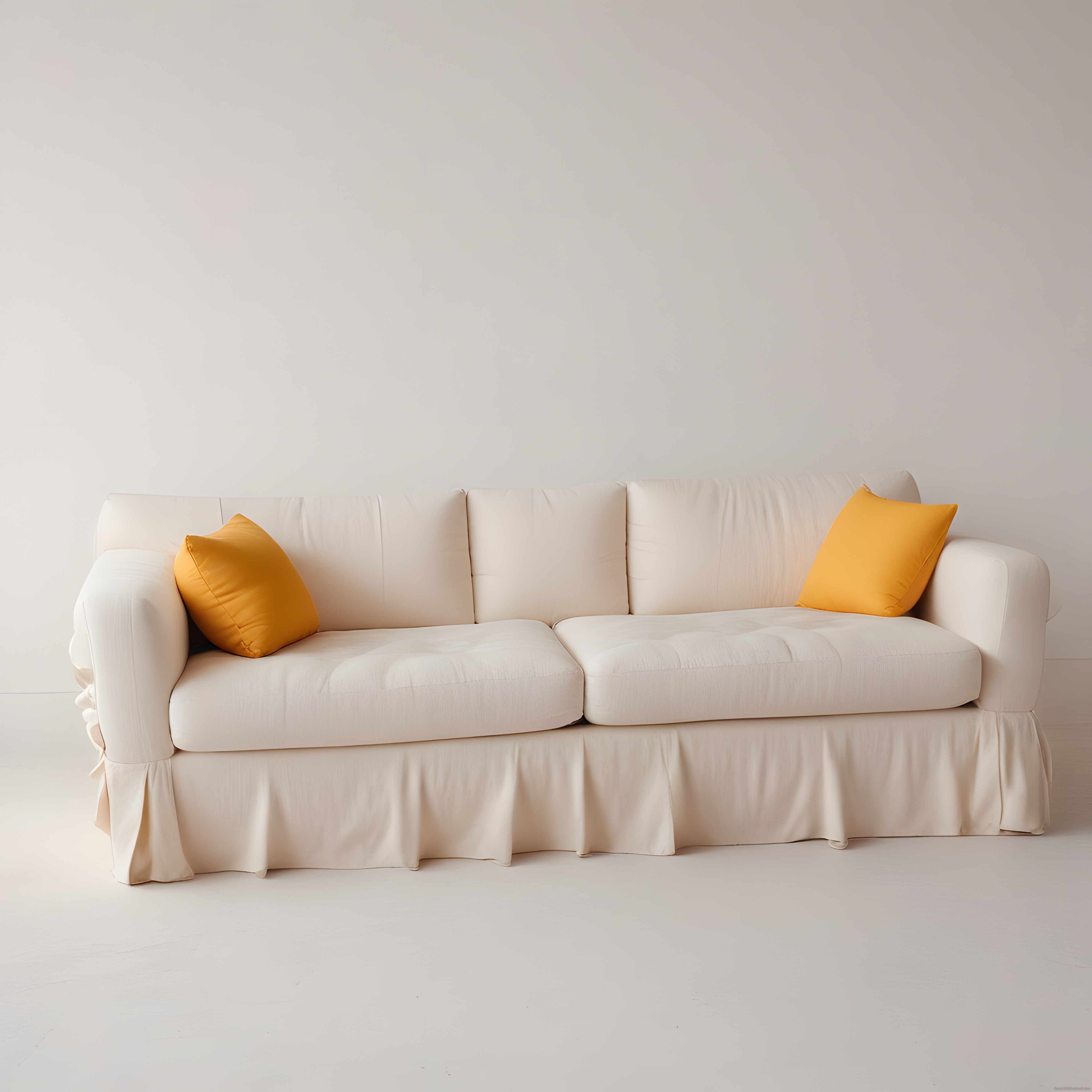 Krem Etekli Üçlü Koltuk ve Sarı Yastıklarla Minimalist Salon Dekoru
