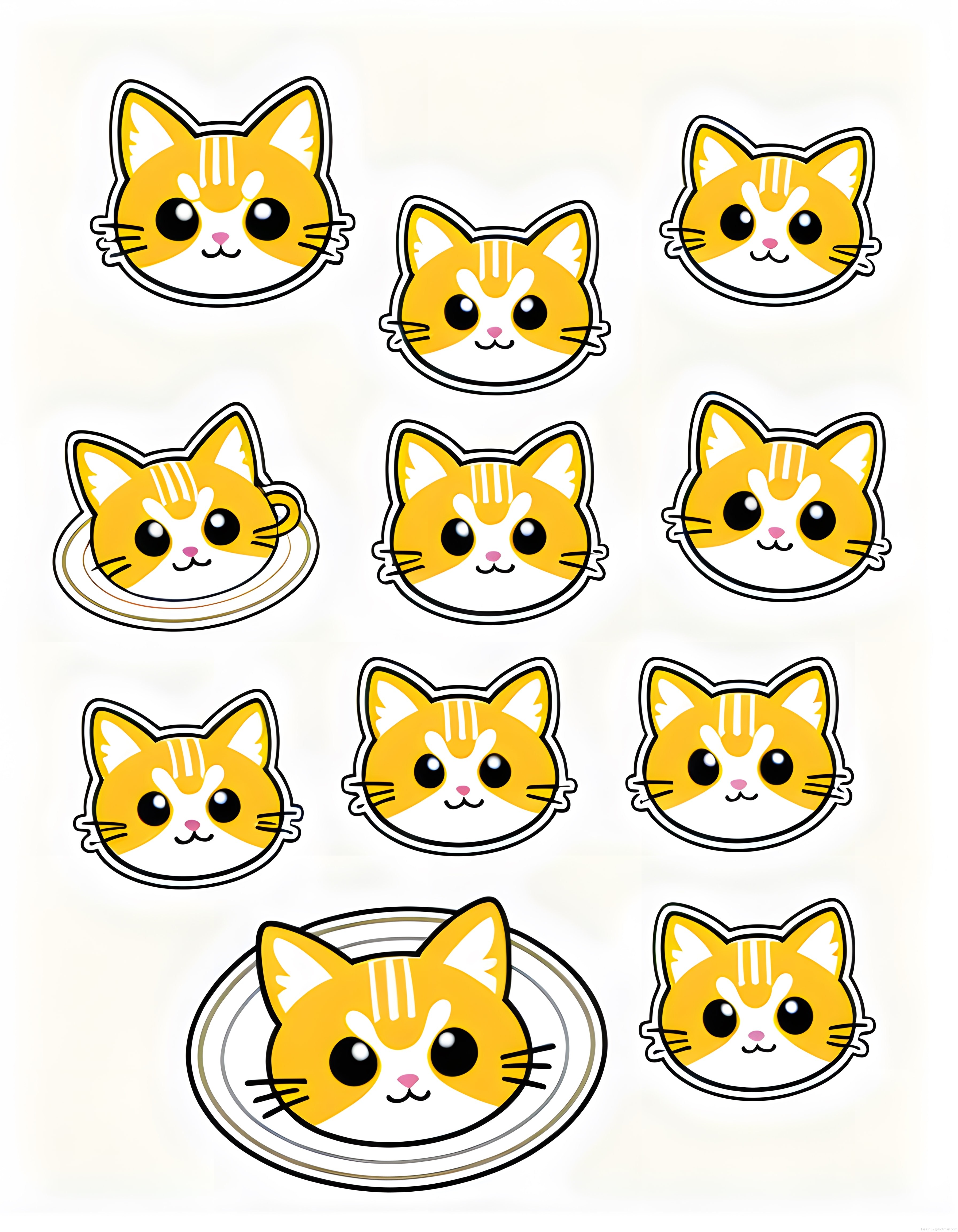 Krem Fonda Sevimli Sarı Kedi Çizgi Film Sticker ve Maskot Tasarım Seti