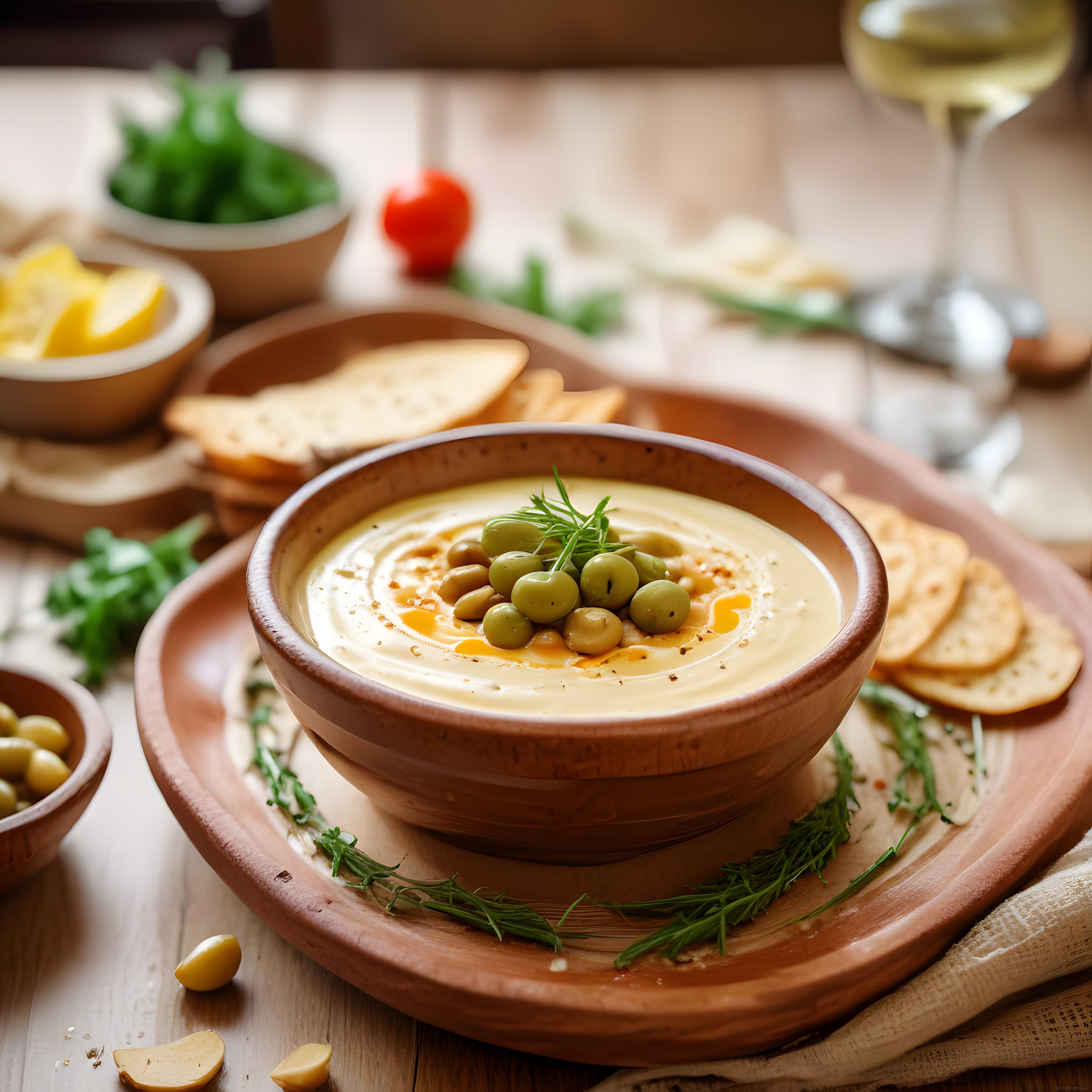 Krem Humus Üzerinde Yeşil Zeytin ve Taze Dereotuyla Şık Rustik Masa Sunumu