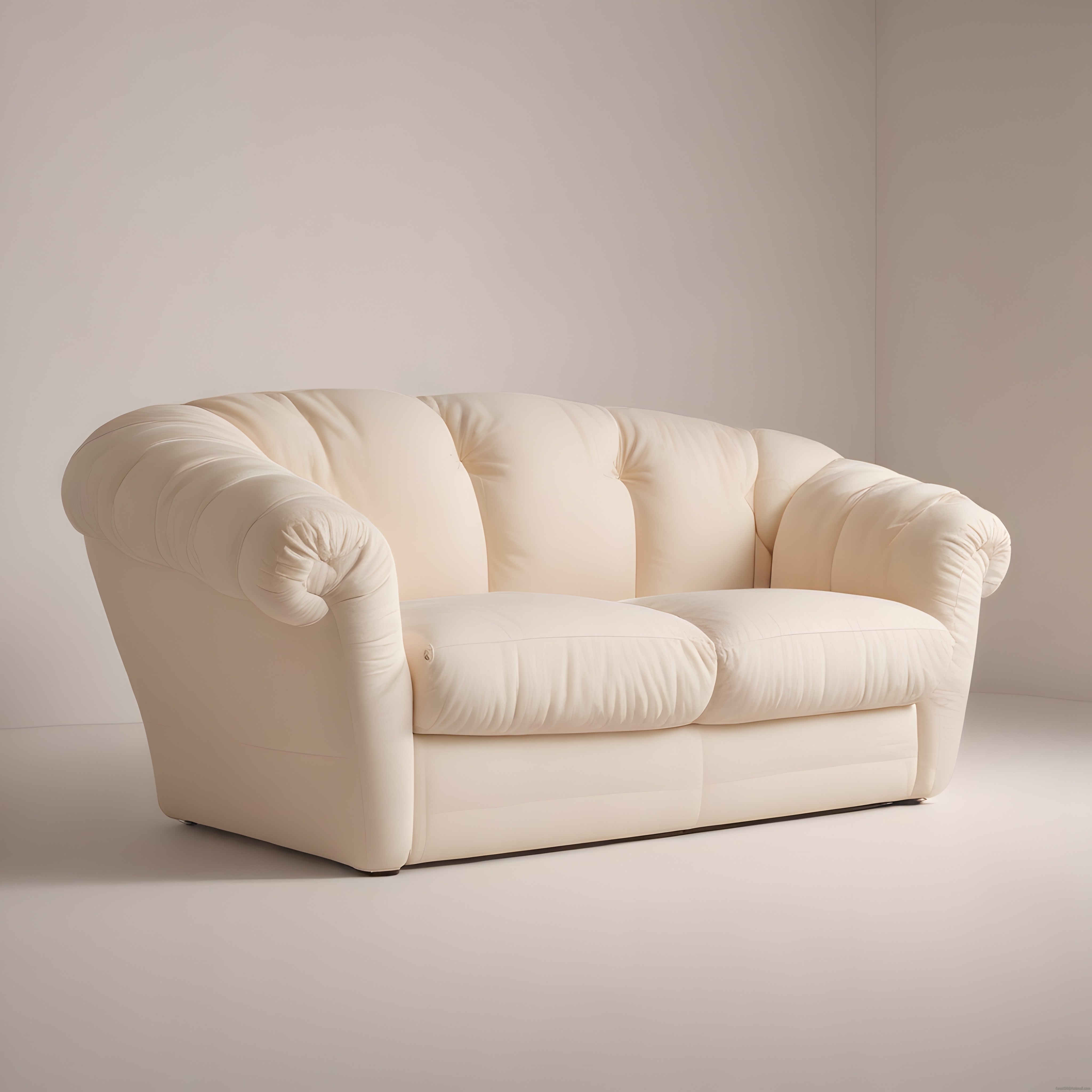 Krem Kadife Kapitoneli Kanepe ve Minimalist Bej Stüdyo Dekoru