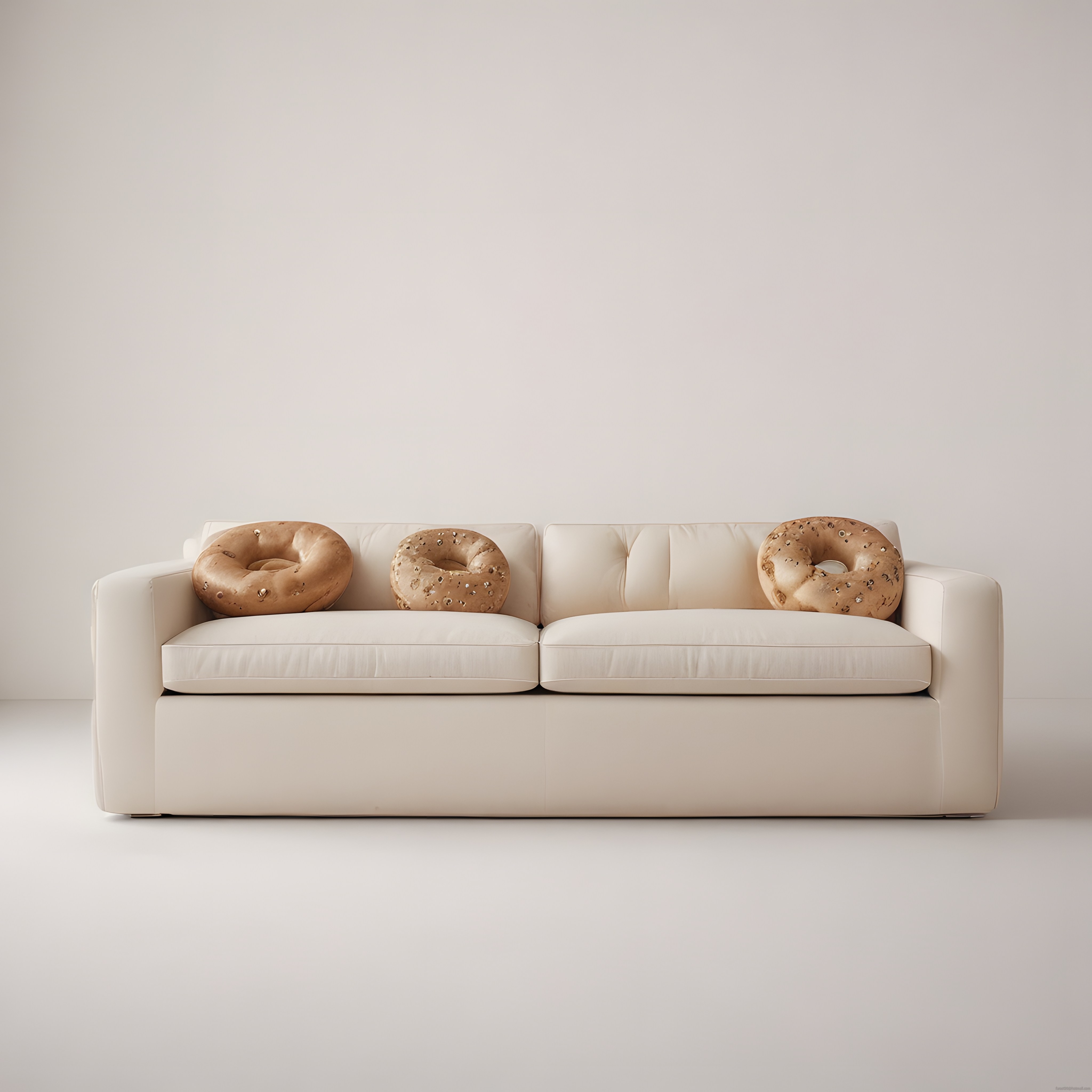 krem kanepe üzerinde bagel şeklinde gerçekçi yastıklar ve modern dekorasyon