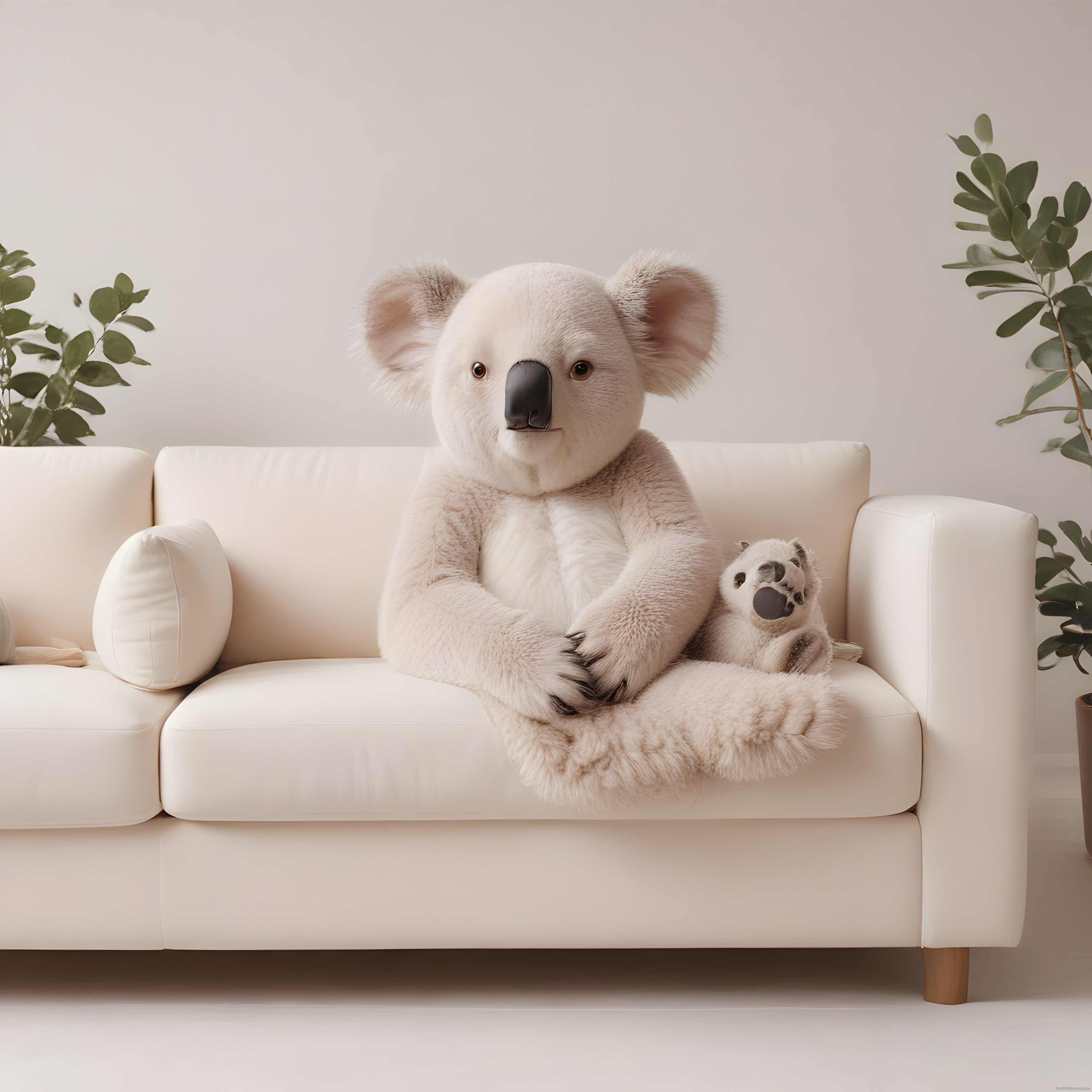 Krem kanepede oturan devasa koala ve minik yavrusu ile sürreal sahne