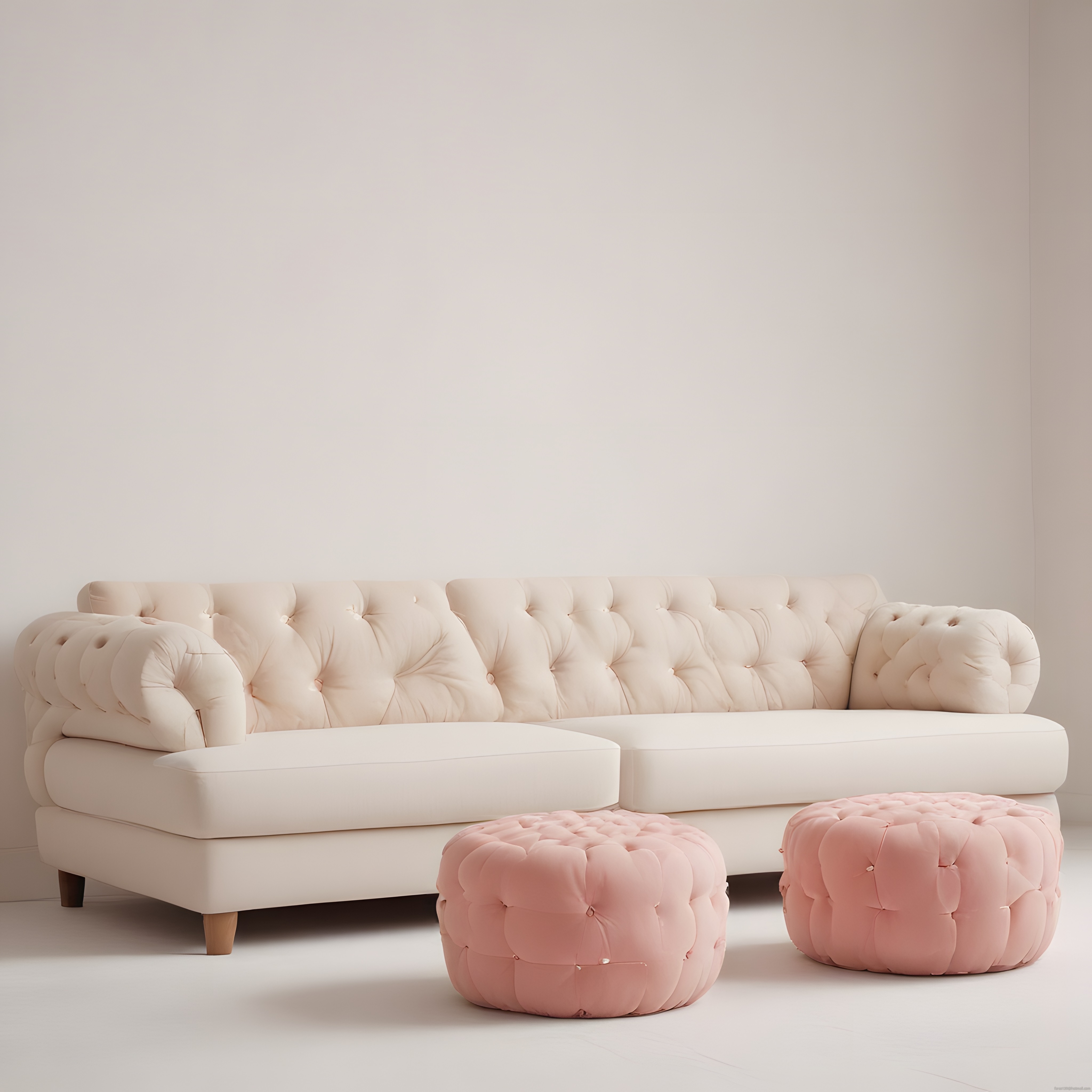 Krem Kapitone Köşe Koltuk ve Pembe Puflarla Modern Minimalist Salon Dekoru