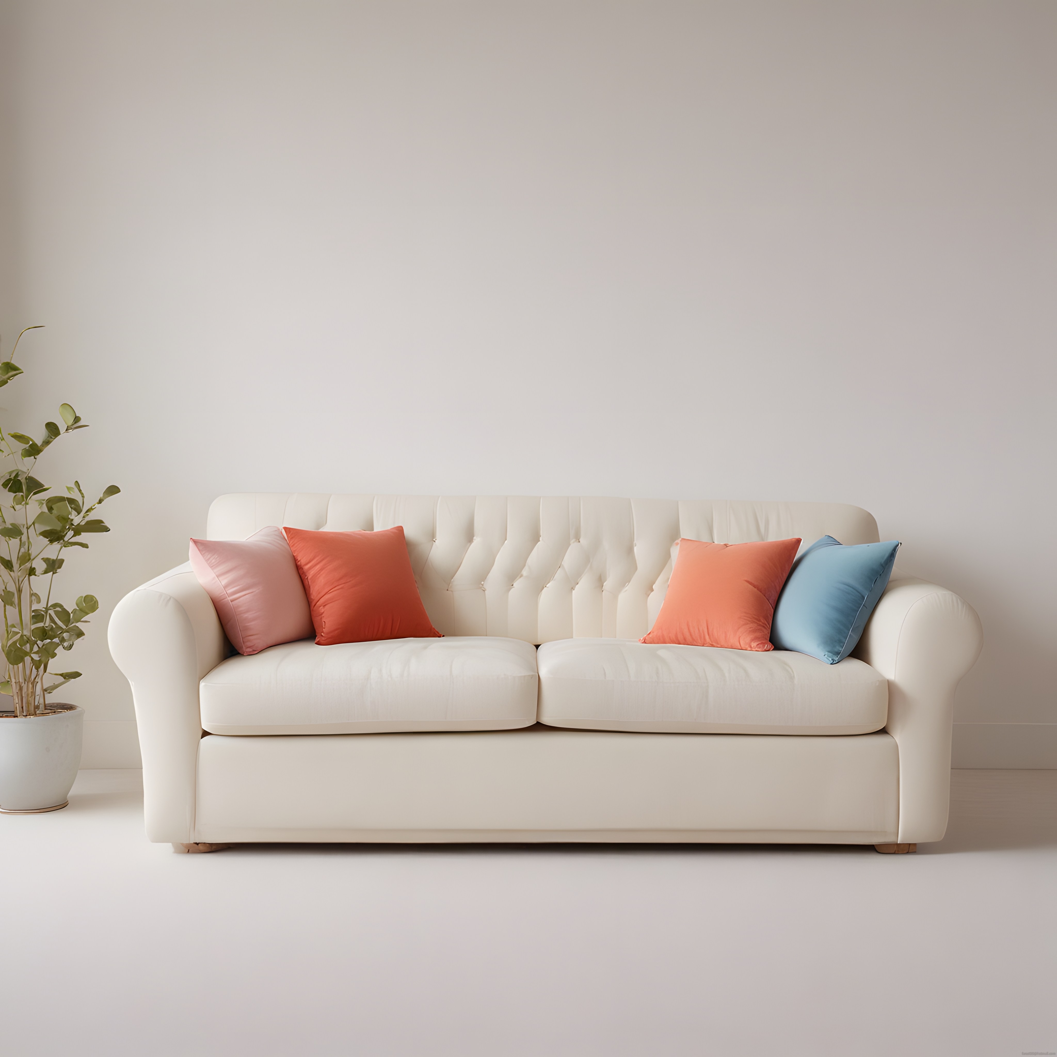 Krem kapitoneli kanepe ve pastel yastıklarla huzurlu minimal oturma odası
