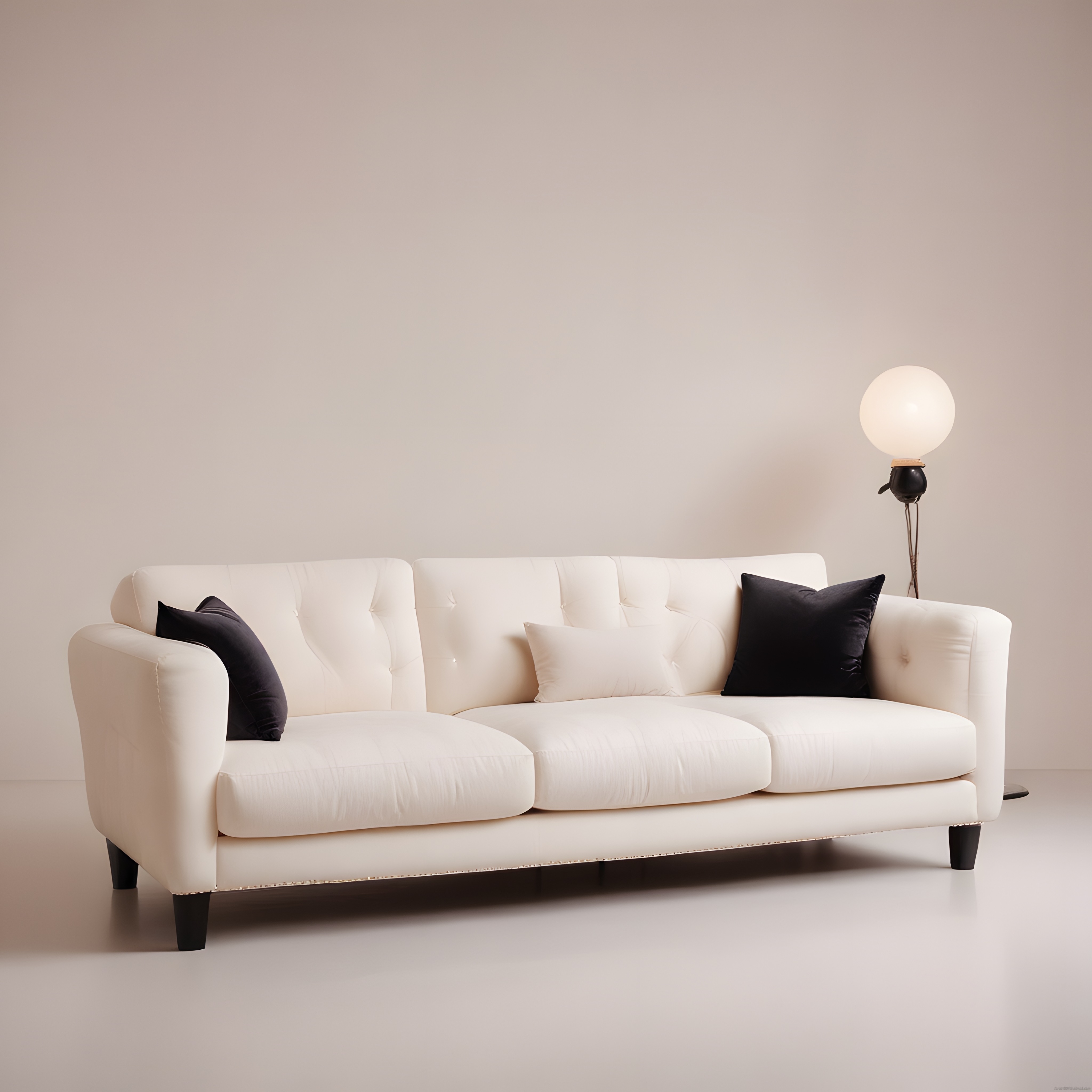 Krem kapitoneli kanepe ve siyah detaylarla modern minimalist salon dekorasyonu