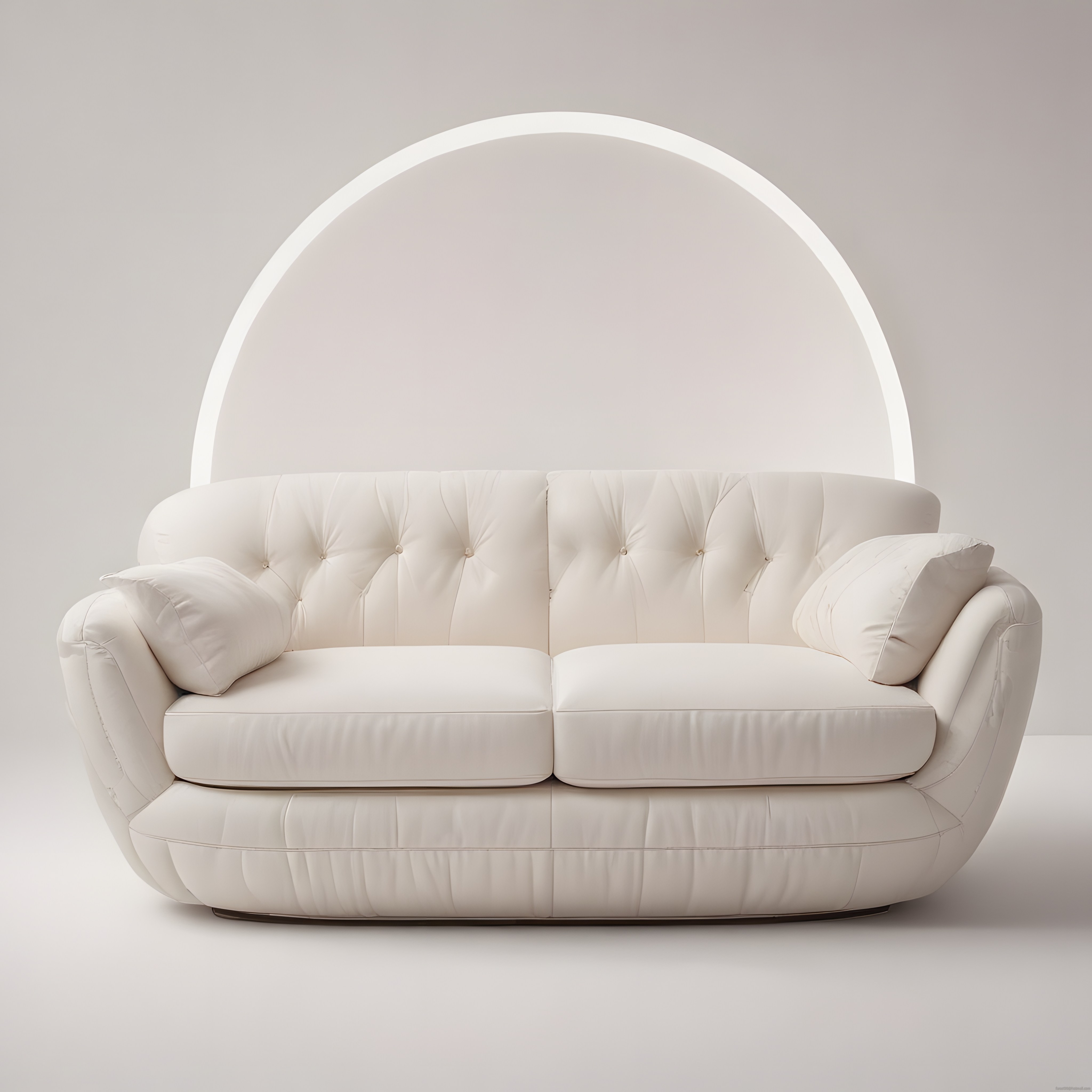 Krem Kapitoneli Lüks Kanepe ve Dairesel LED Işıklı Minimalist Dekor