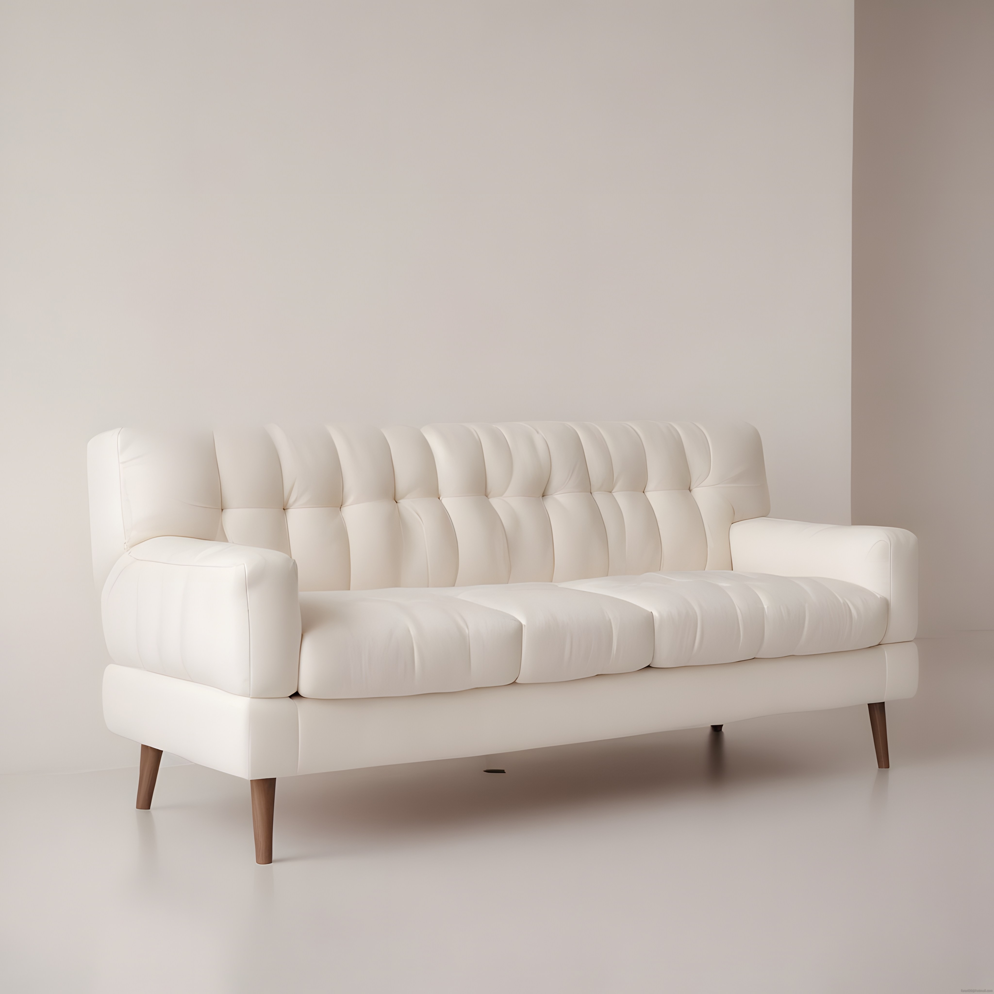 Krem Kapitoneli Modern Kanape ve Ahşap Ayaklı Minimalist Mobilya Tasarımı