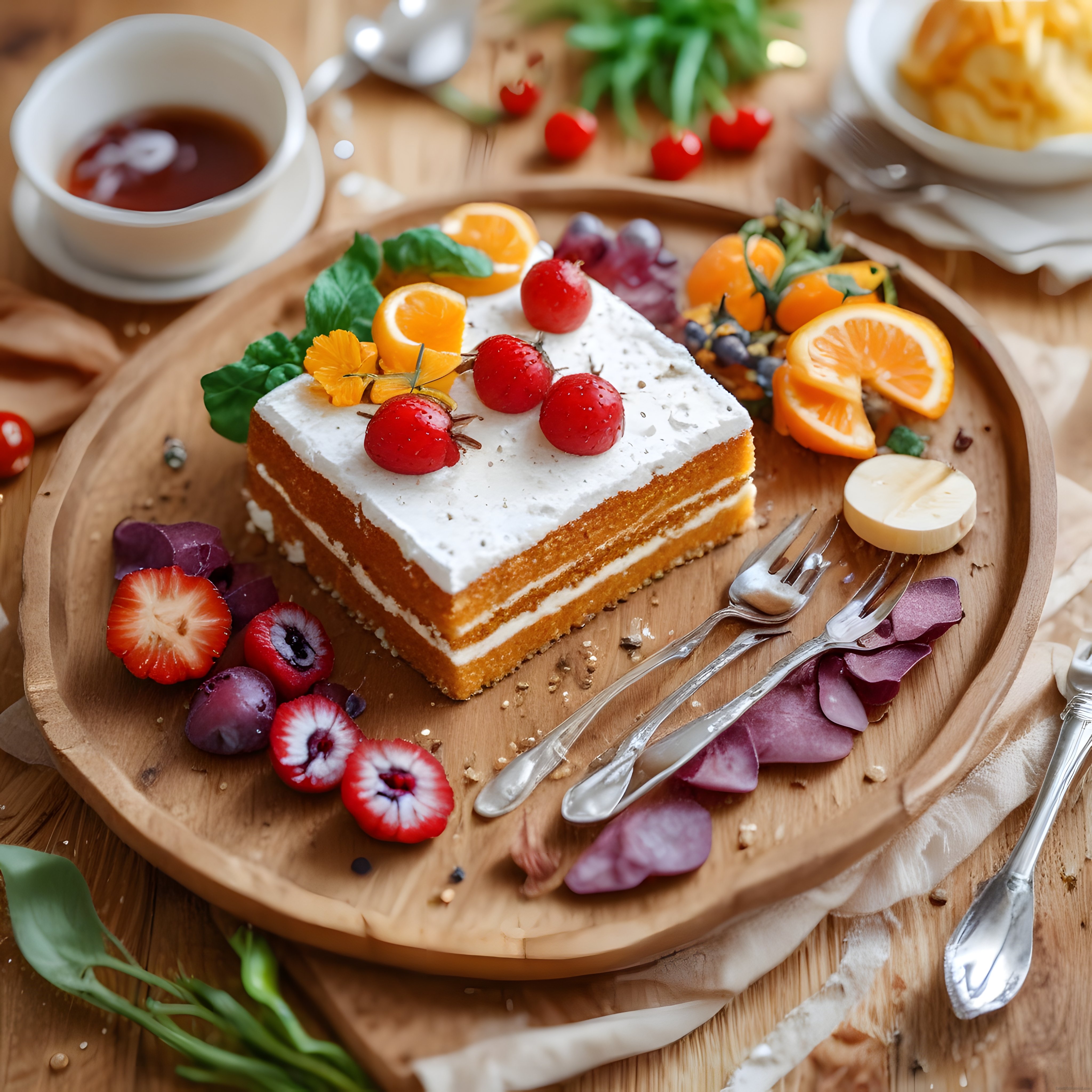 Krem kaplı havuçlu pasta dilimi ve meyveler ahşap tabakta