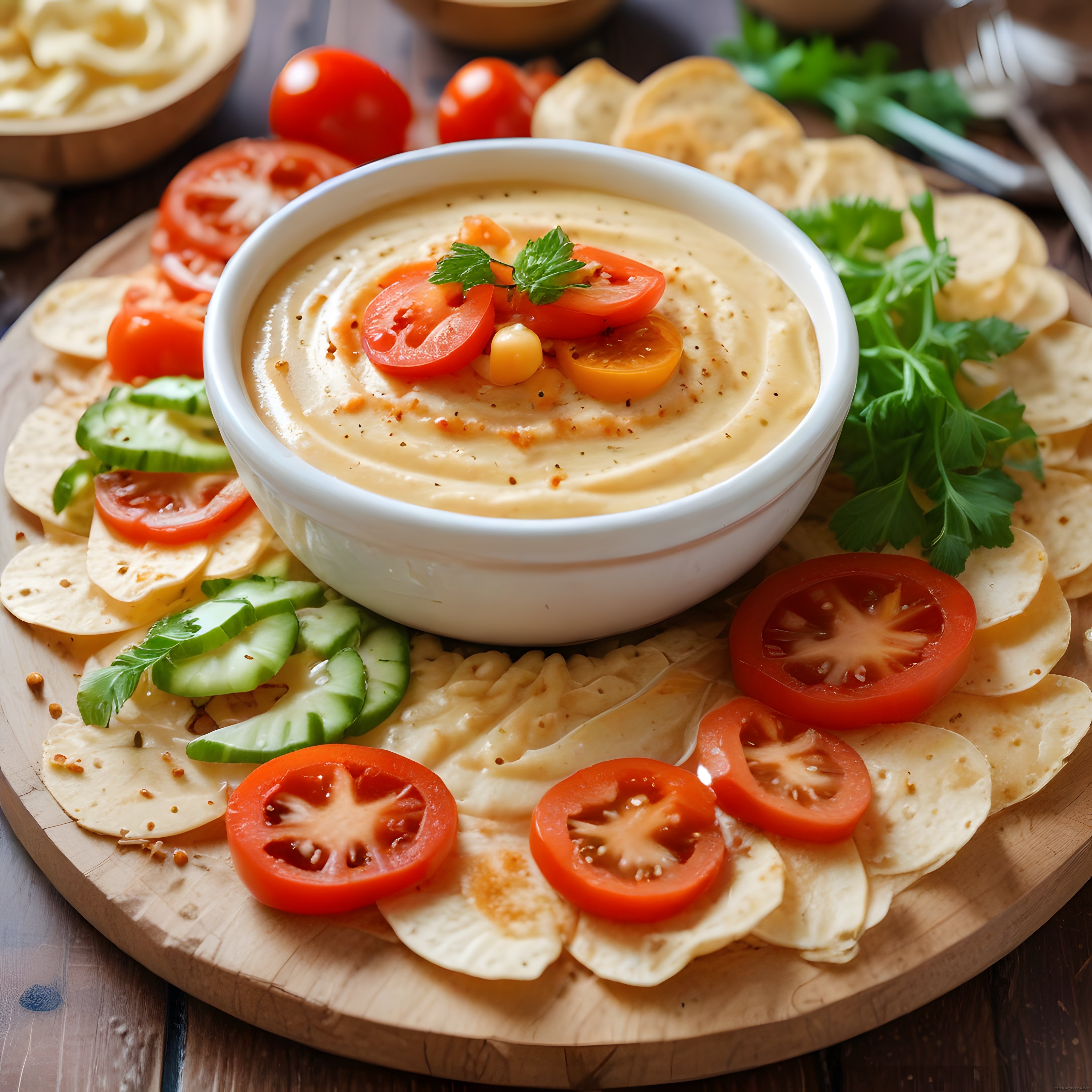 Krem Kıvamlı Humus, Domates Salatalık ve Çıtır Cips ile Sunum Tahtası