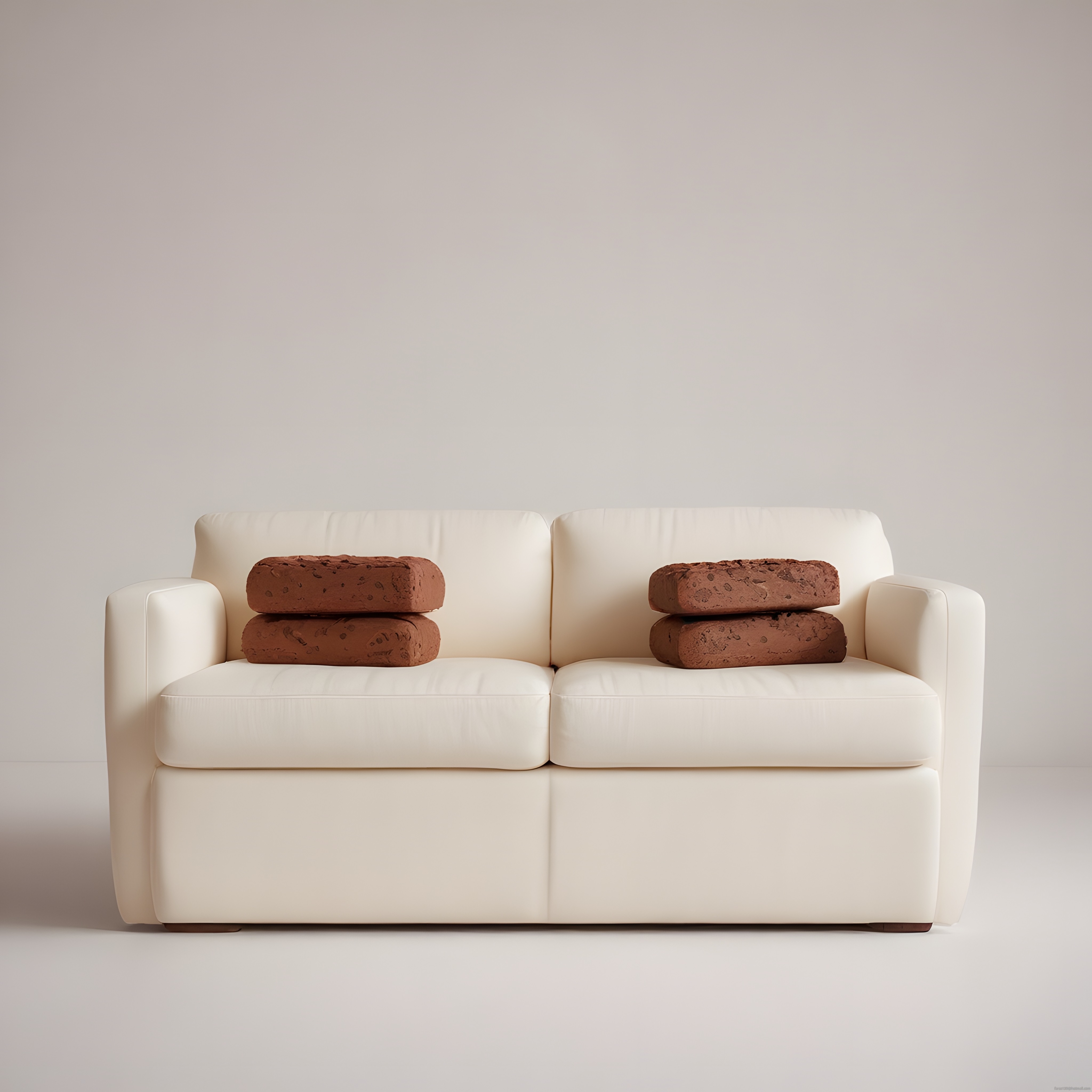 Krem koltuk üzerindeki tuğlalar ile sürreal ve konseptüel stüdyo fotoğrafı