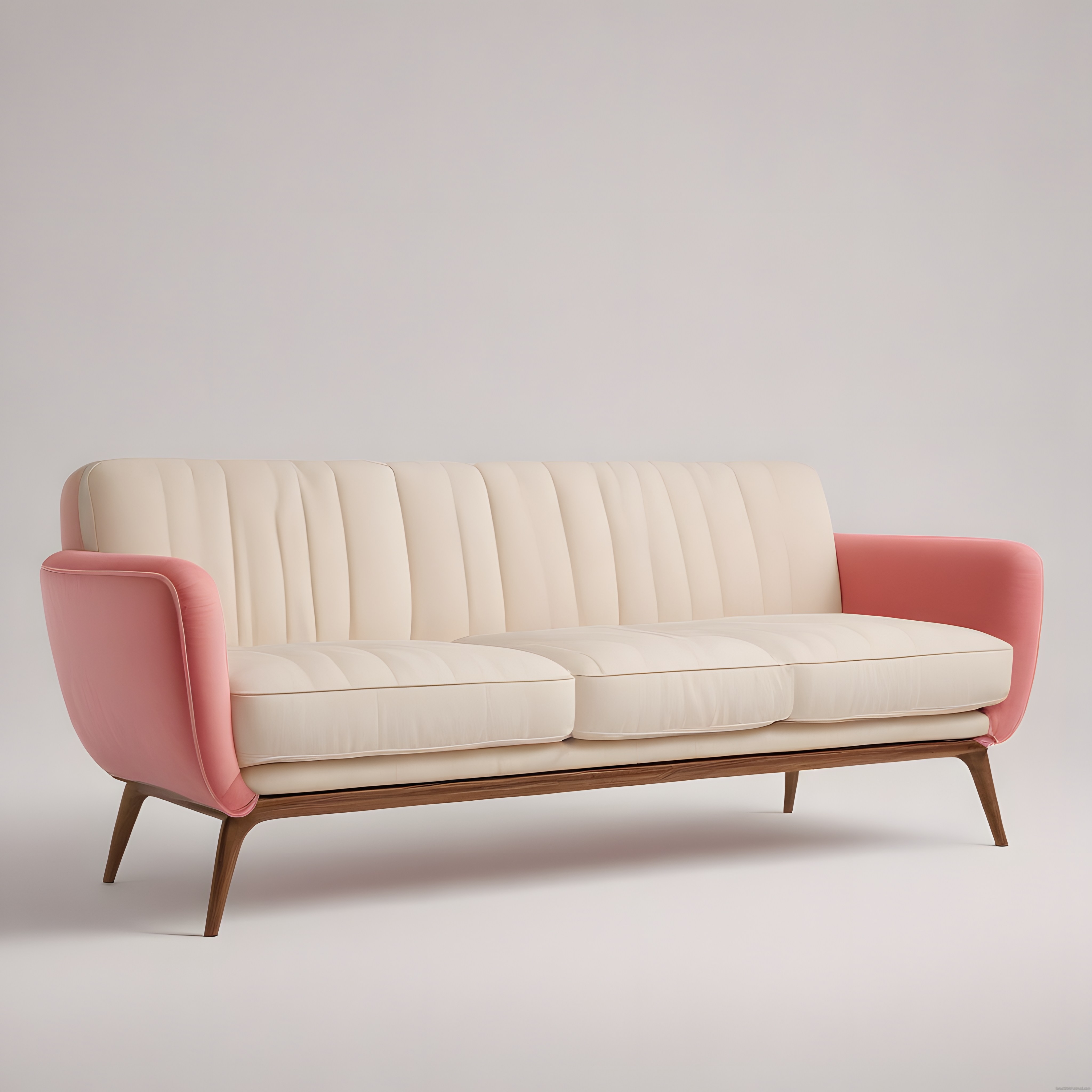 Krem Kumaşlı Pembe Kolçaklı Modern Üçlü Kanepe ve Şık Ahşap Ayak Detayı