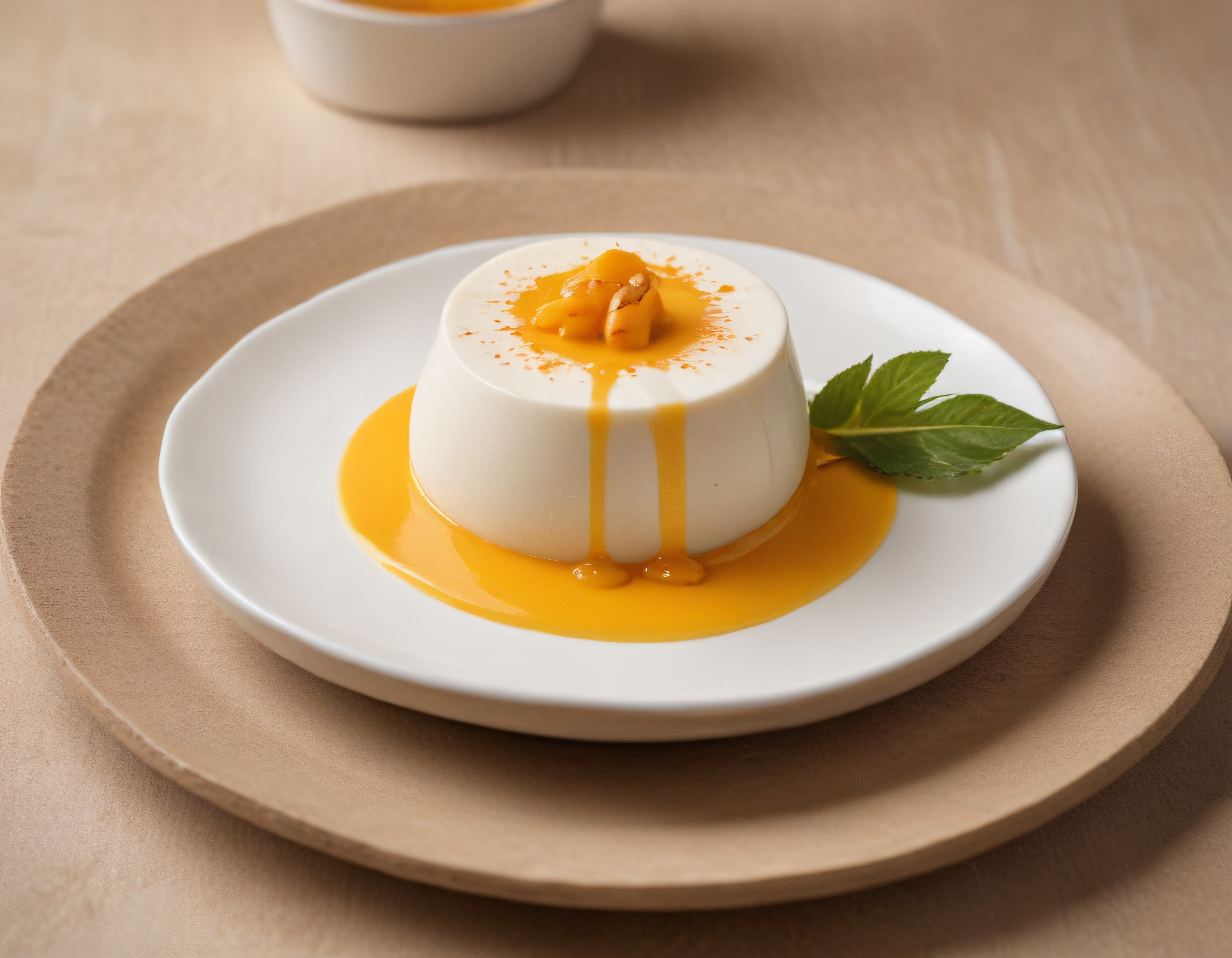 Krem Panna Cotta Üzerinde Taze Mango Sosu ve Nane Yaprağı Süslemesi