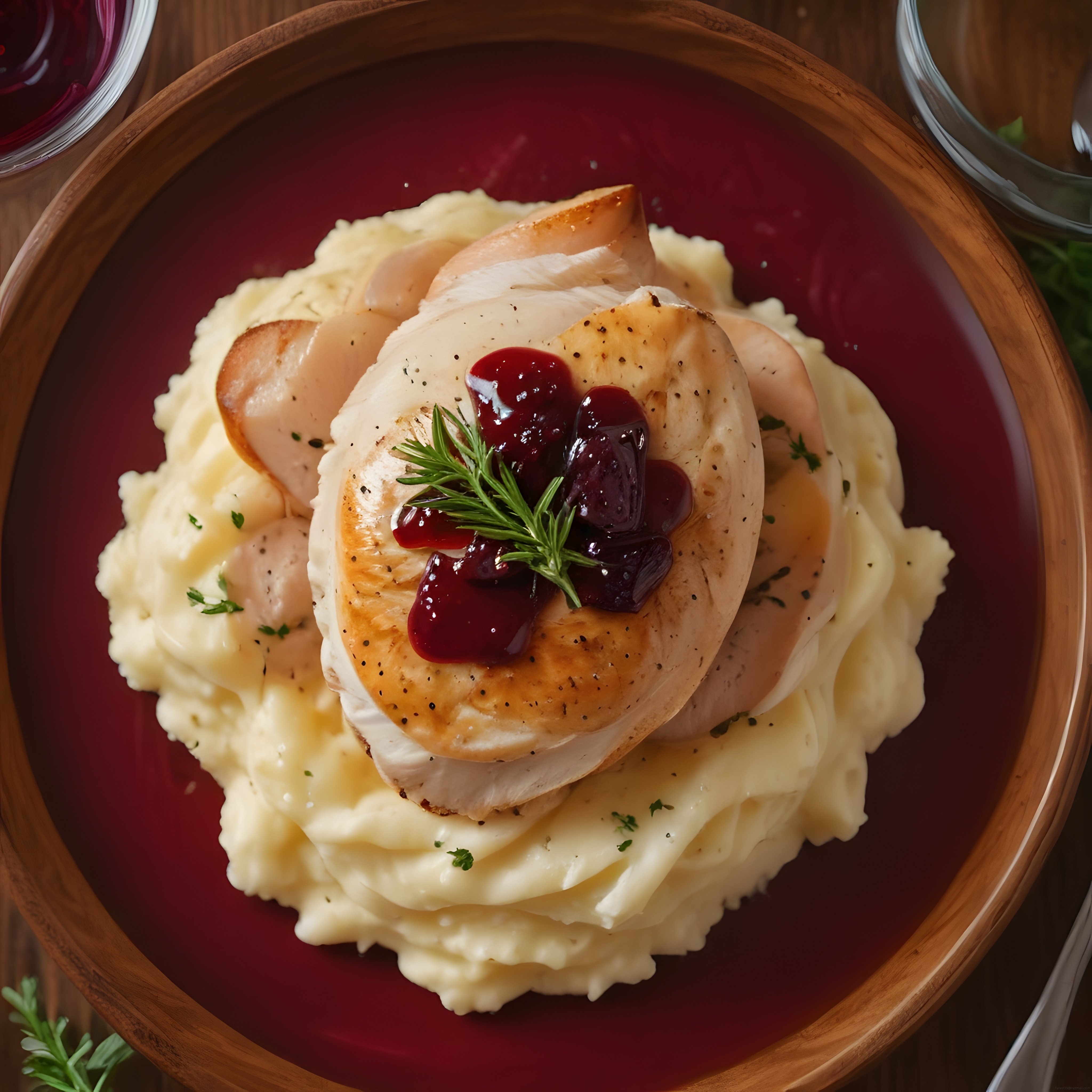Krem Patates Püresi Üzerinde Kızarmış Hindi ve Kızılcık Soslu Şık Sunum